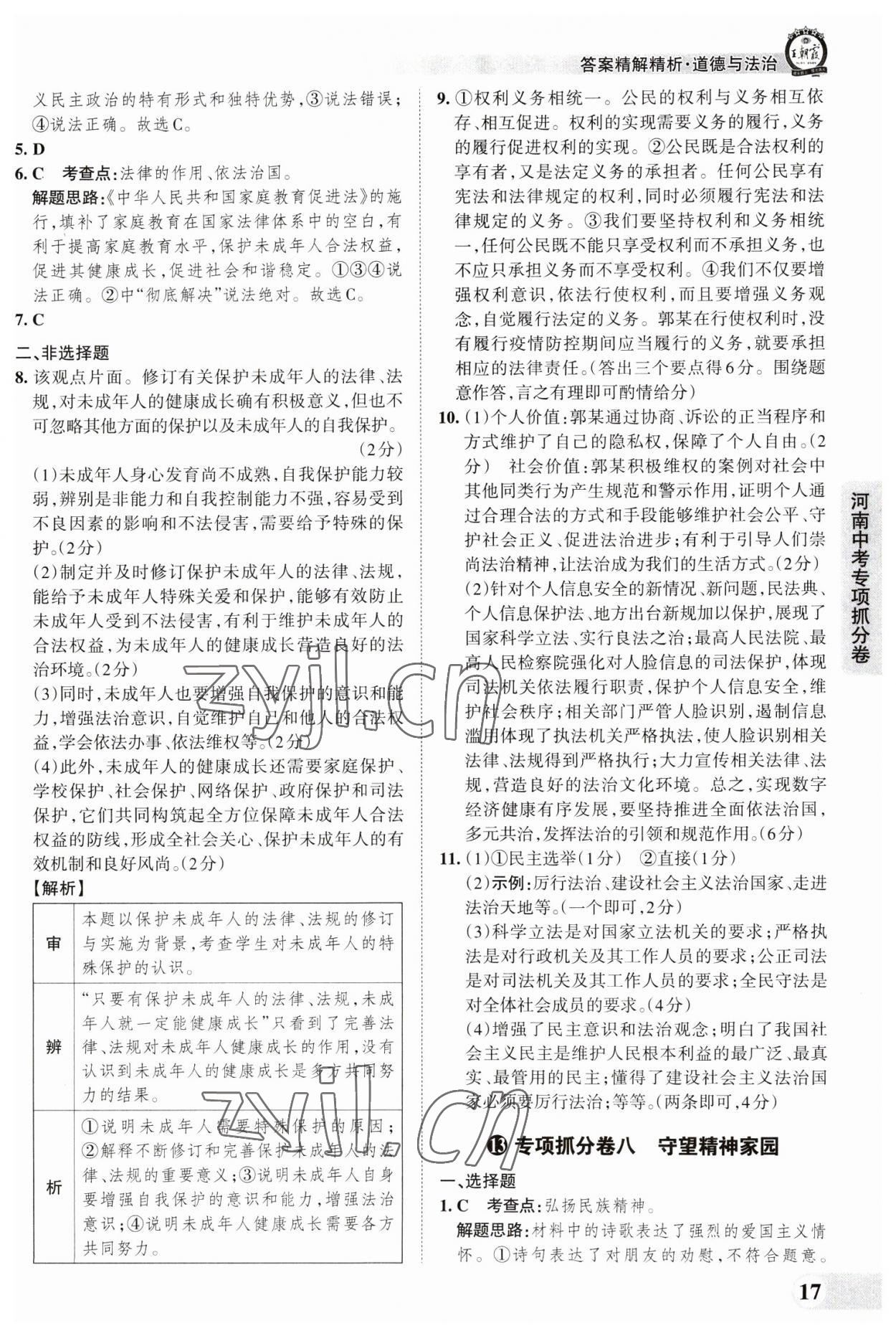 2023年王朝霞中考真题精编道德与法治河南中考 参考答案第17页