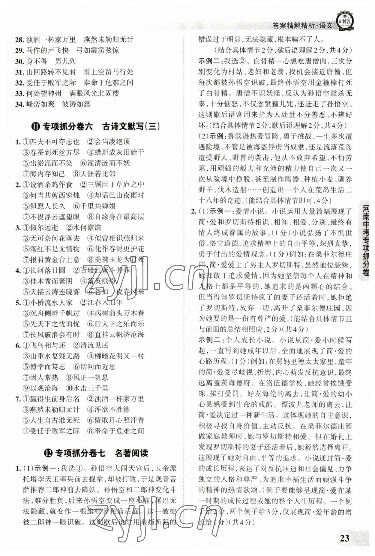 2023年王朝霞中考真题精编语文河南中考 参考答案第23页