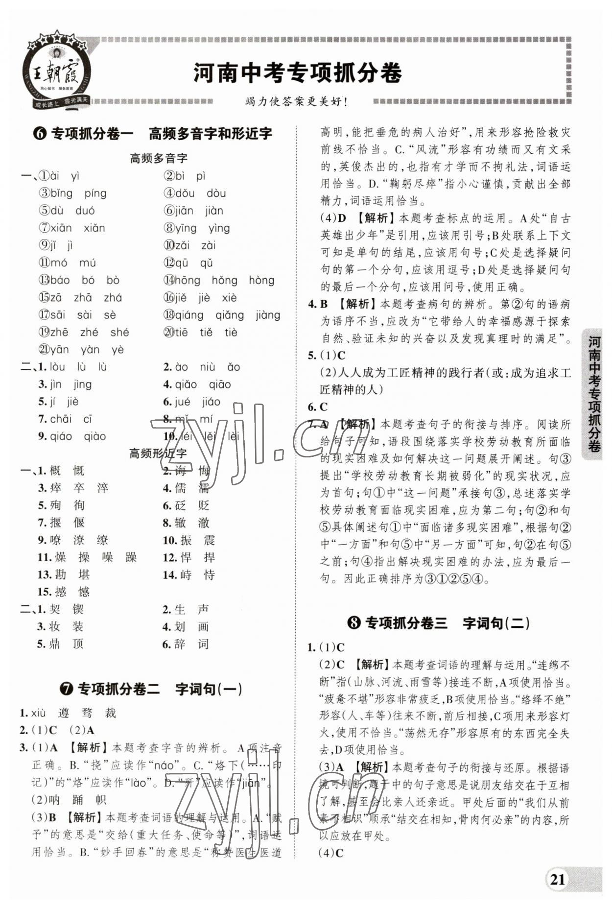 2023年王朝霞中考真题精编语文河南中考 参考答案第21页