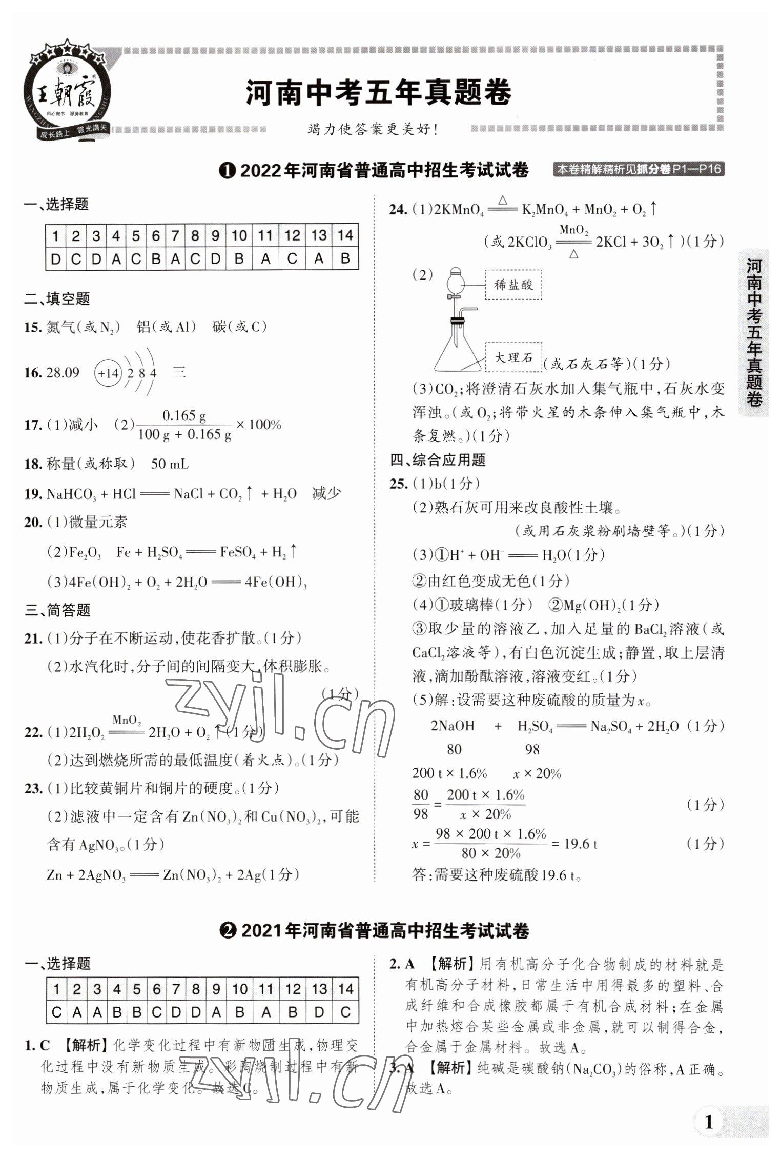 2023年王朝霞中考真題精編化學河南中考 參考答案第1頁