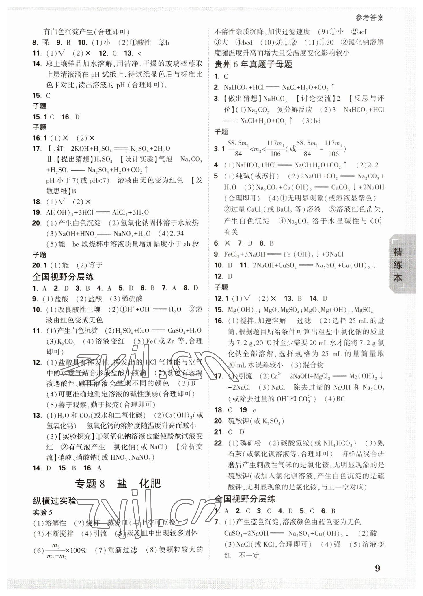 2023年萬唯中考試題研究化學貴州專版 參考答案第8頁