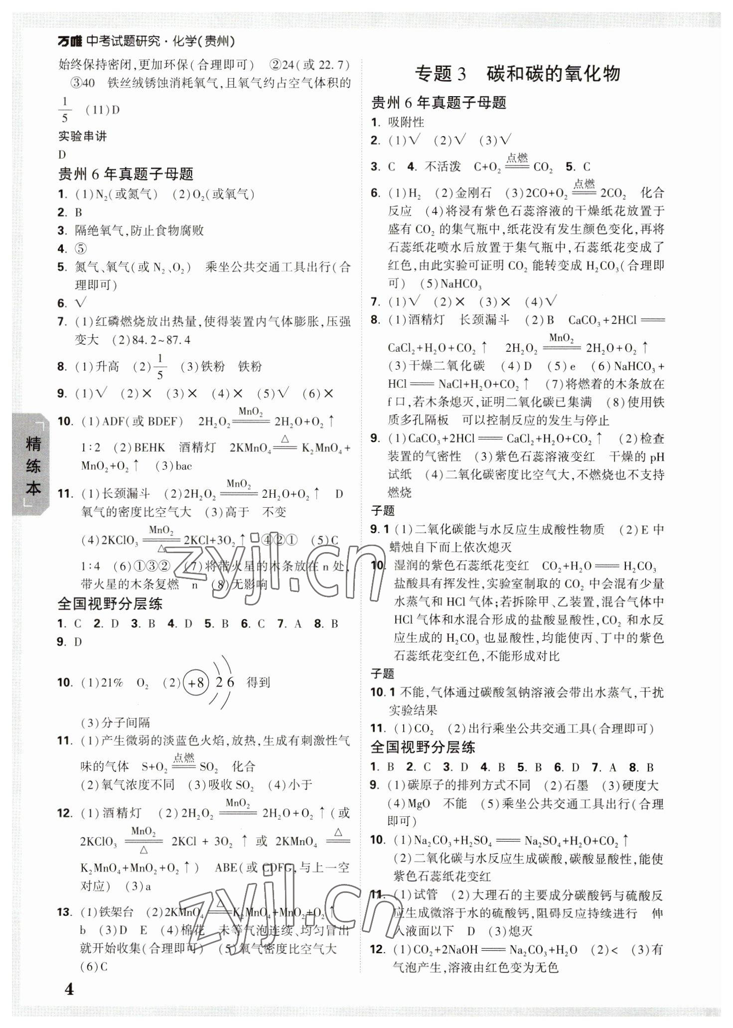 2023年萬唯中考試題研究化學(xué)貴州專版 參考答案第3頁