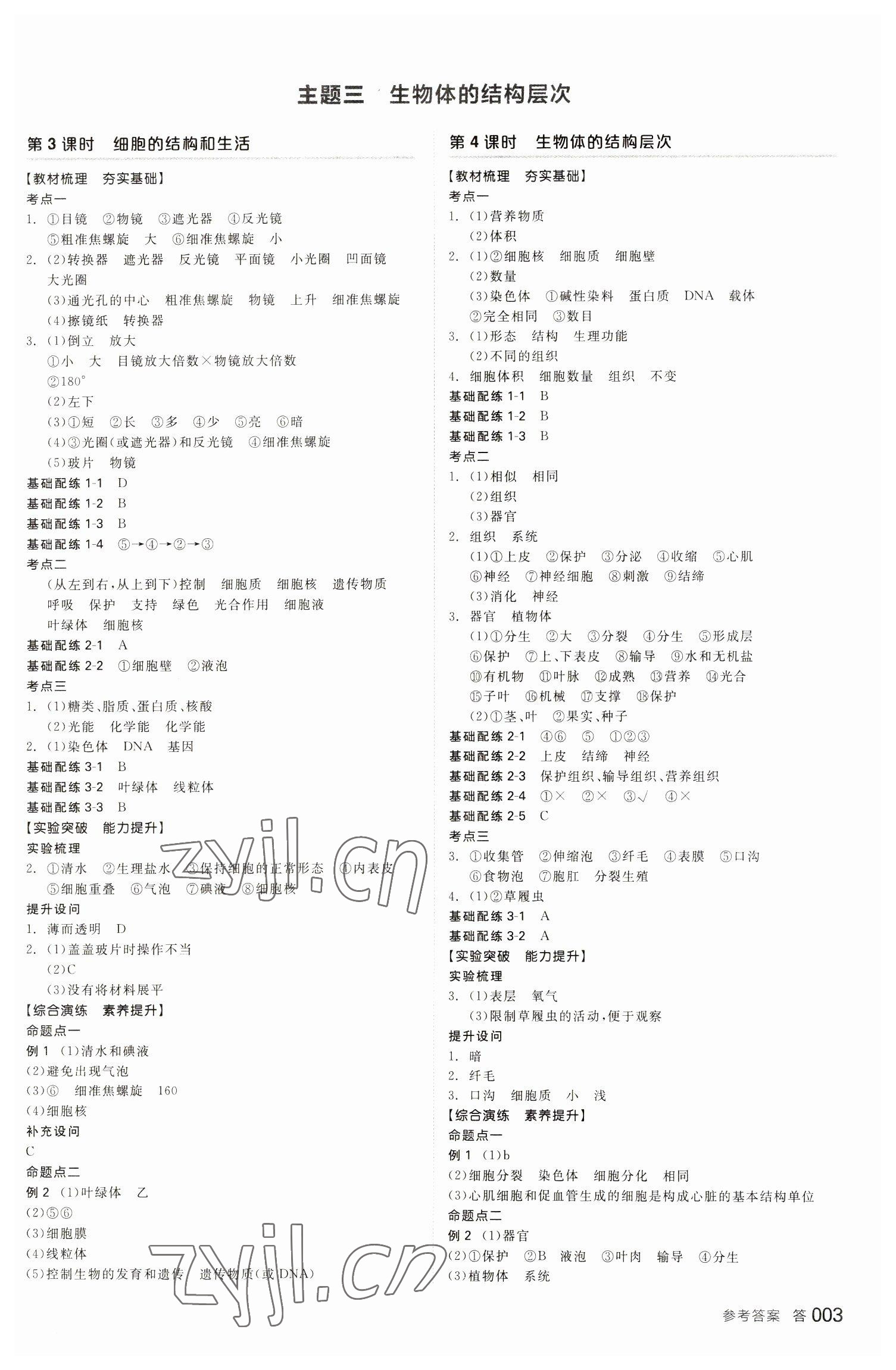 2023年全品中考復習方案生物學包頭專版 參考答案第2頁