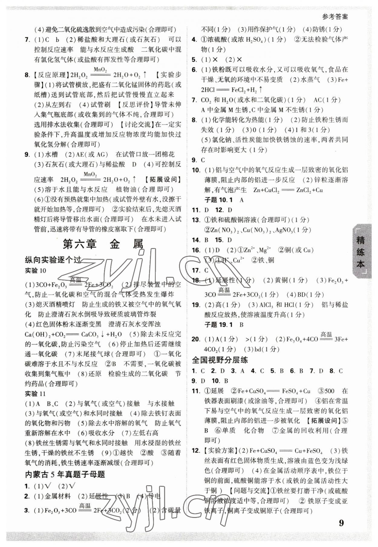 2023年万唯中考试题研究化学内蒙古专版 参考答案第8页