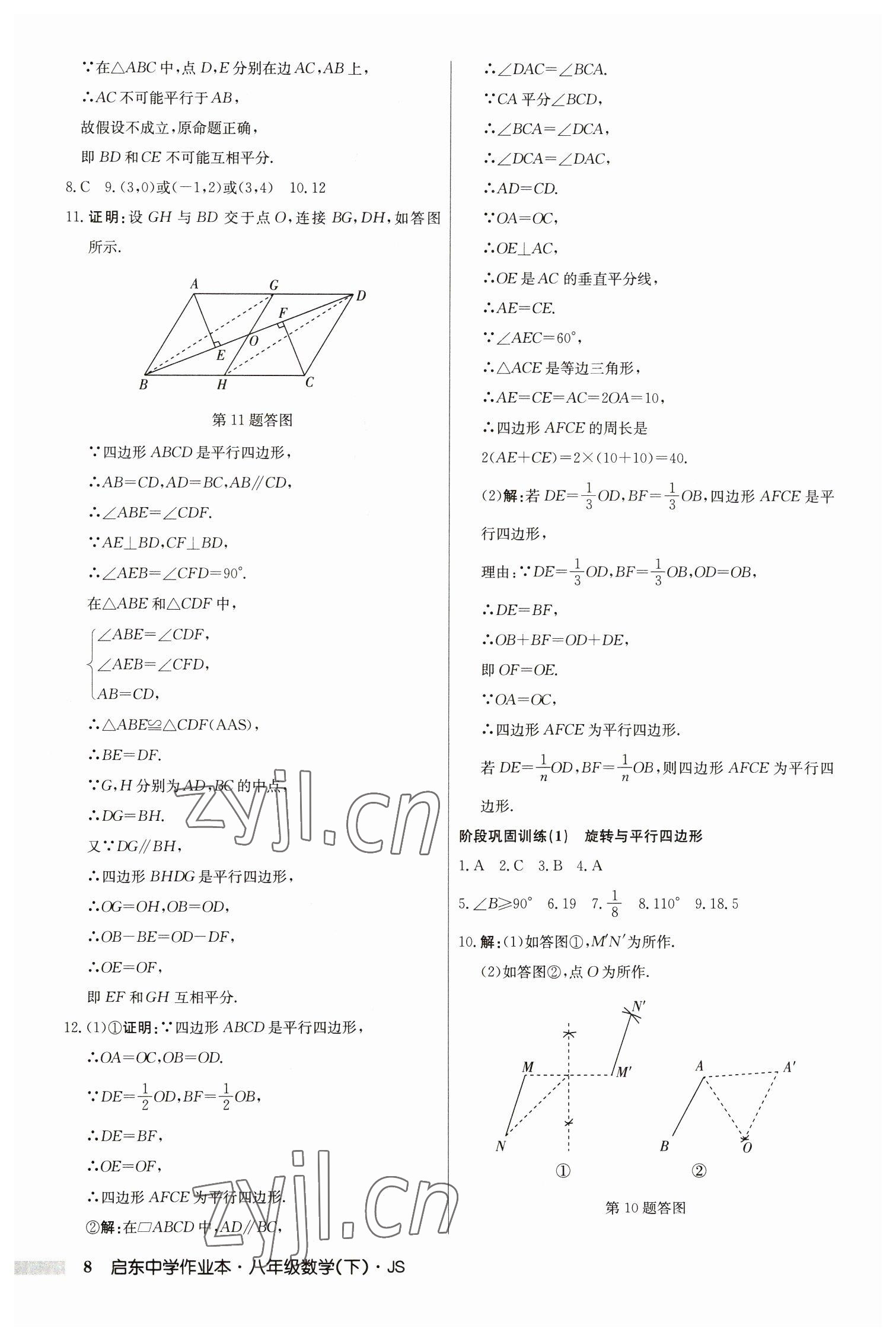 2023年启东中学作业本八年级数学下册江苏版 参考答案第8页