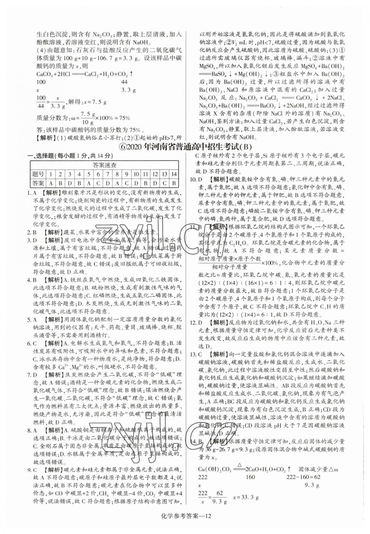 2023年澤睿文化真題匯編卷化學(xué)河南專版 參考答案第12頁