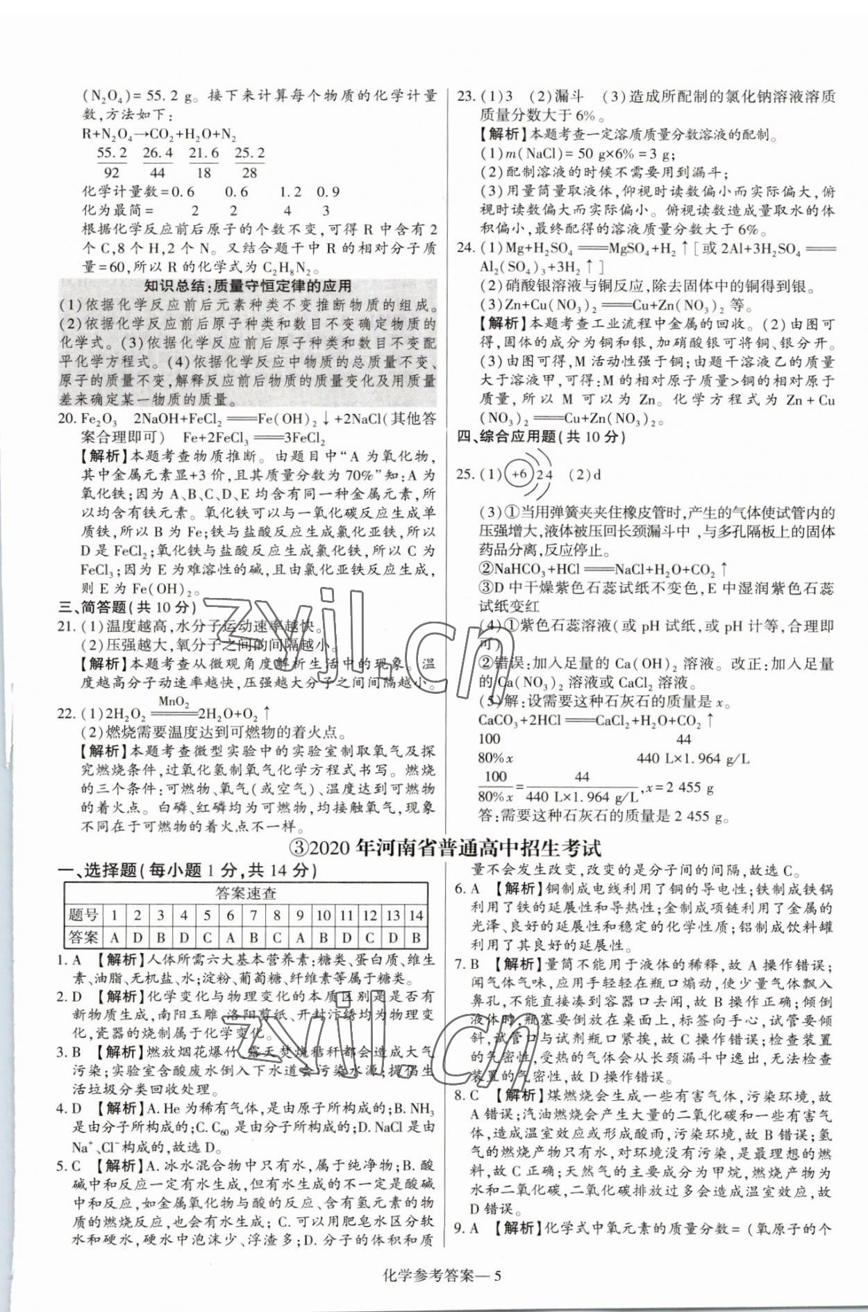 2023年澤睿文化真題匯編卷化學(xué)河南專版 參考答案第5頁
