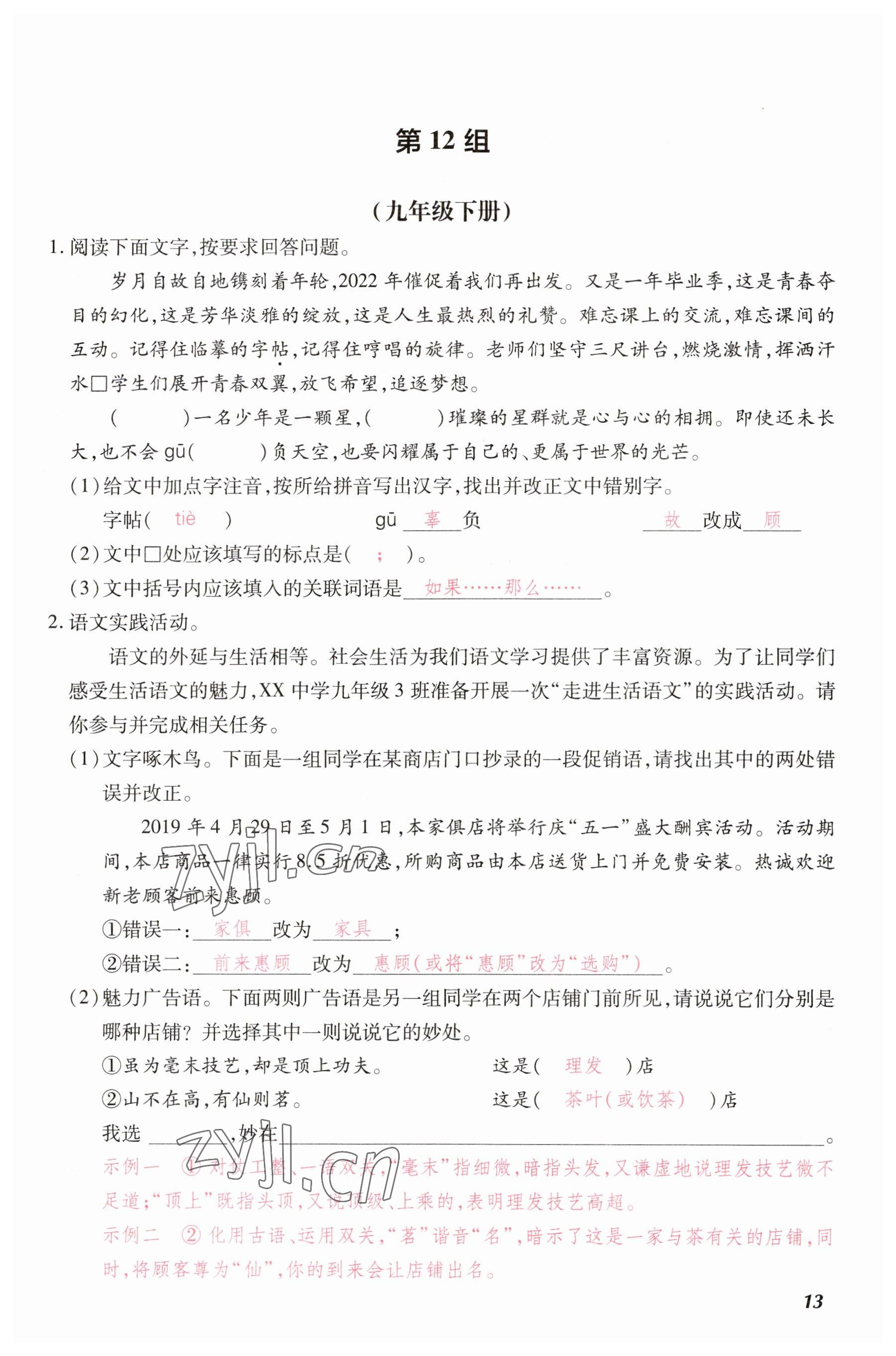 2023年洪文教育最新中考語(yǔ)文河南專版 參考答案第13頁(yè)