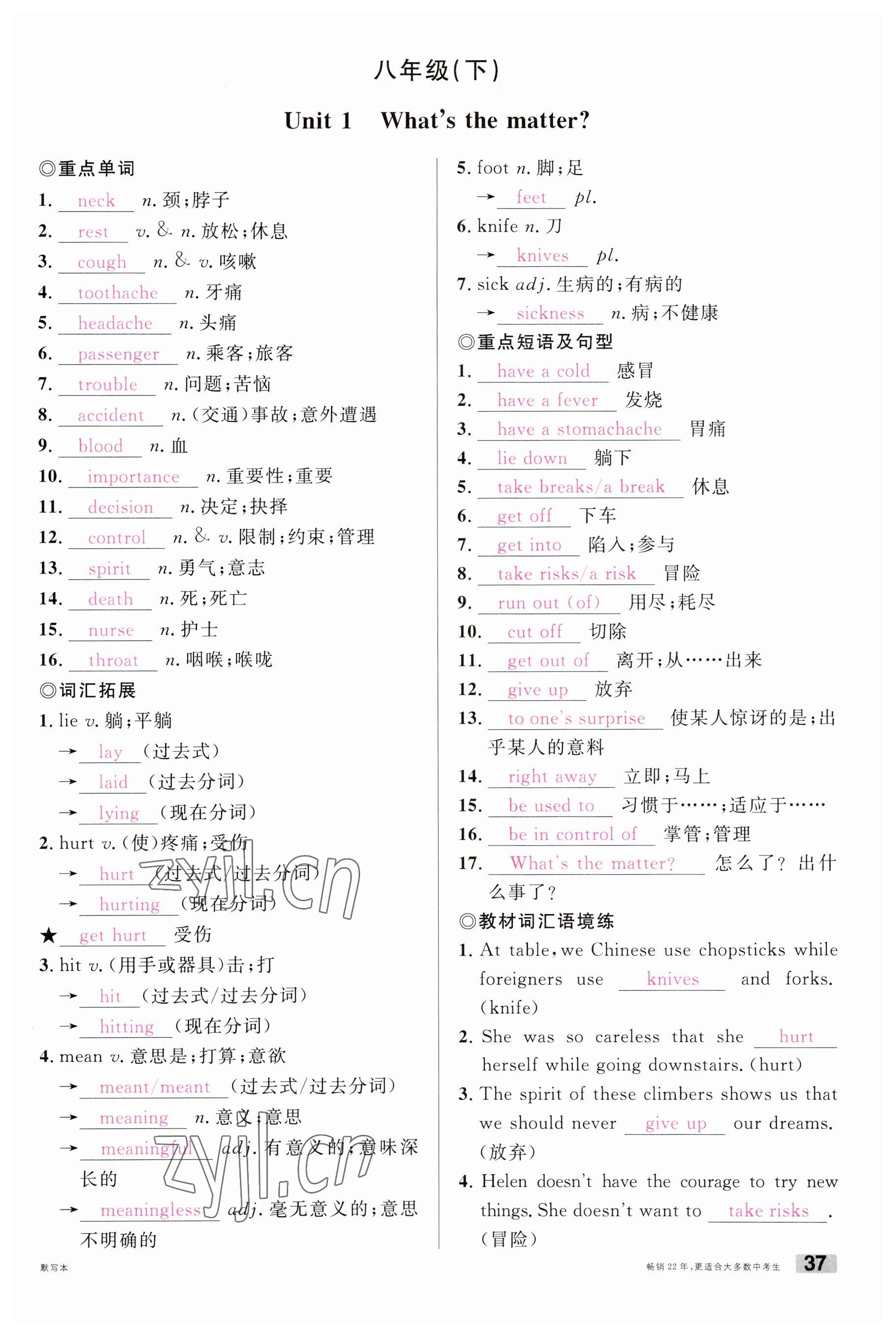 2023年火线100天中考滚动复习法英语云南专版 参考答案第37页