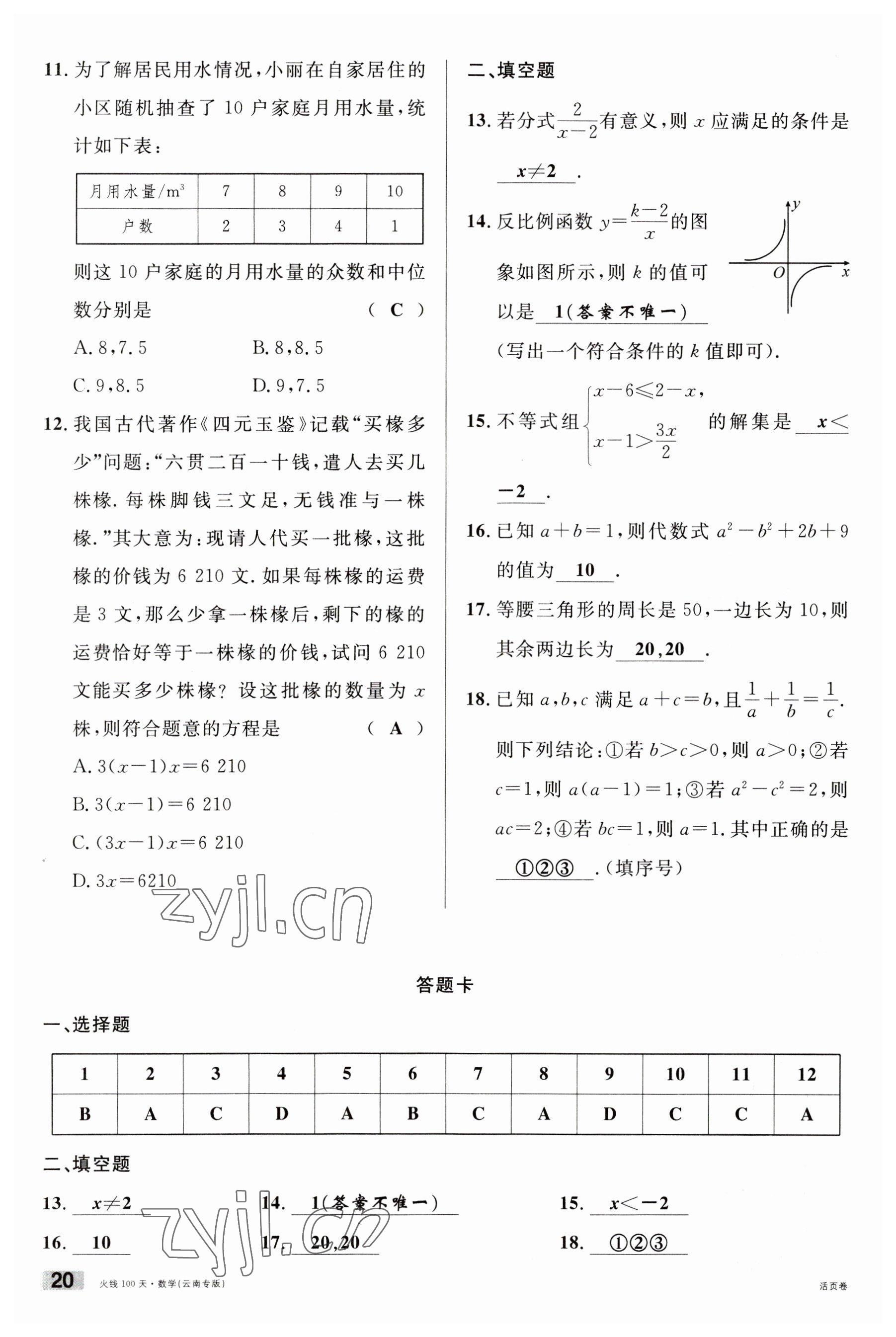 2023年火線100天中考滾動(dòng)復(fù)習(xí)法數(shù)學(xué)云南專版 參考答案第20頁