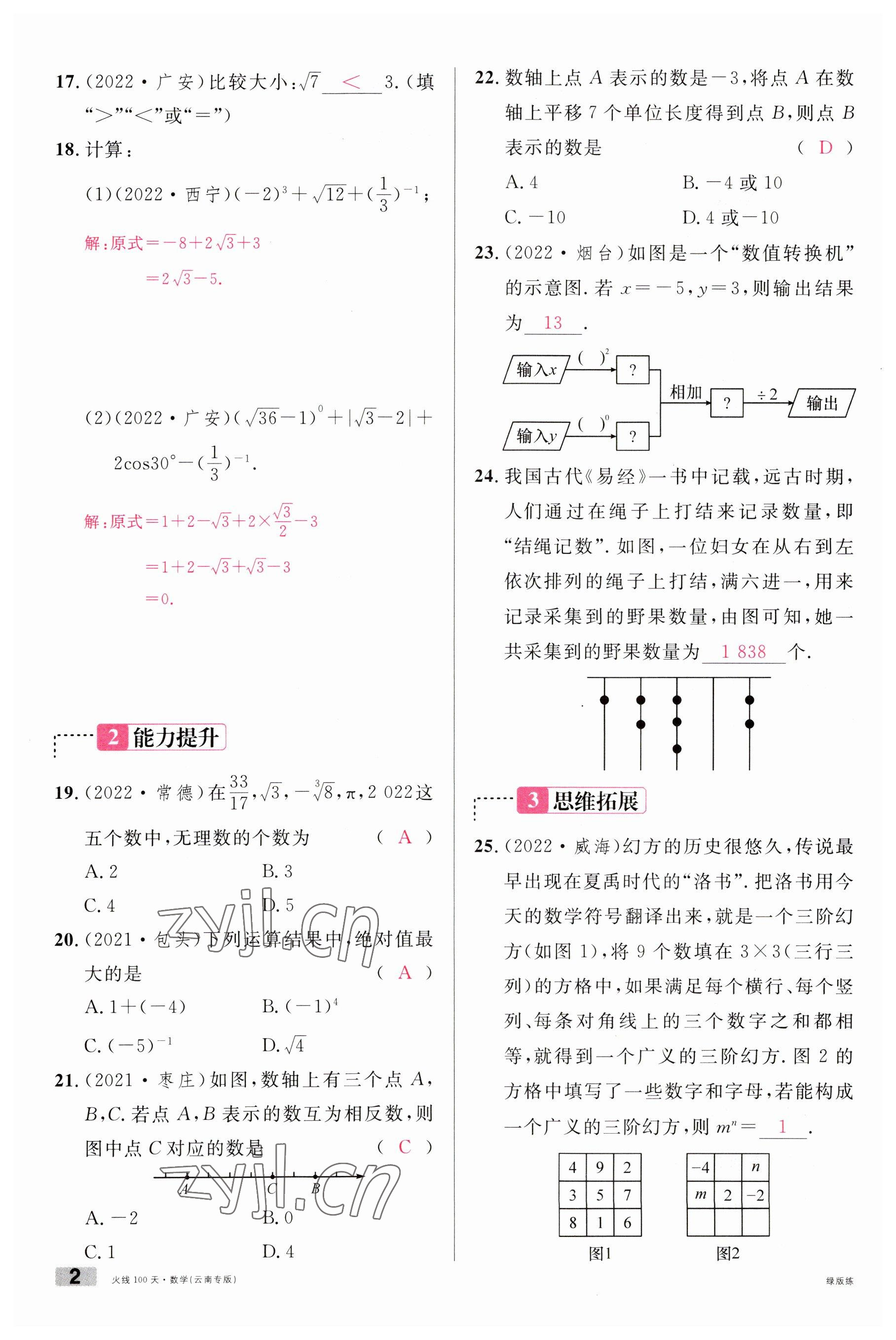 2023年火線100天中考滾動(dòng)復(fù)習(xí)法數(shù)學(xué)云南專版 參考答案第2頁