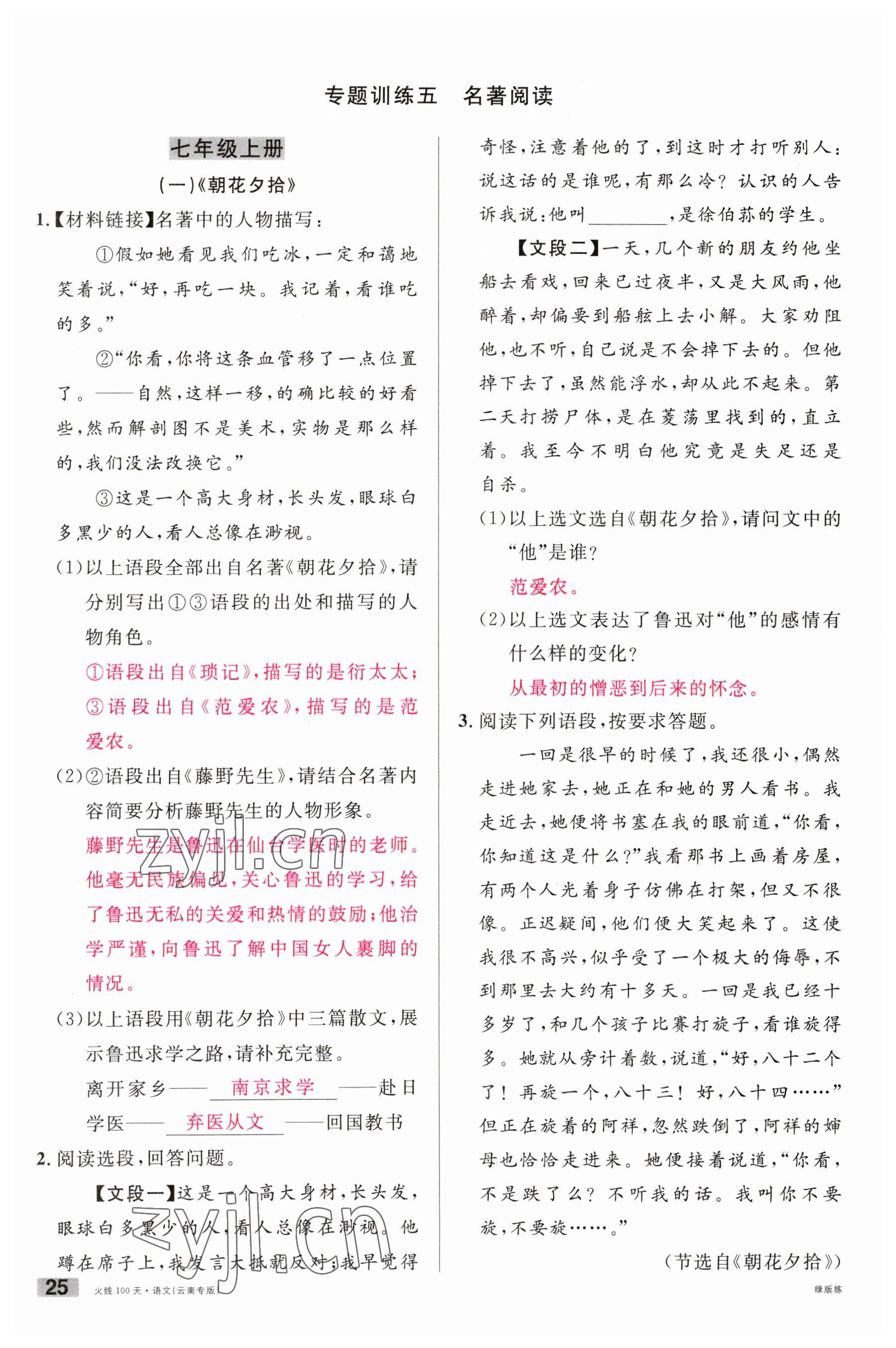 2023年火线100天中考滚动复习法语文云南专版 参考答案第25页