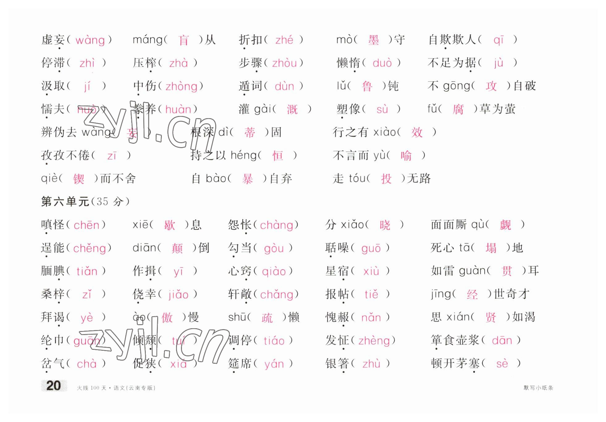 2023年火线100天中考滚动复习法语文云南专版 参考答案第20页