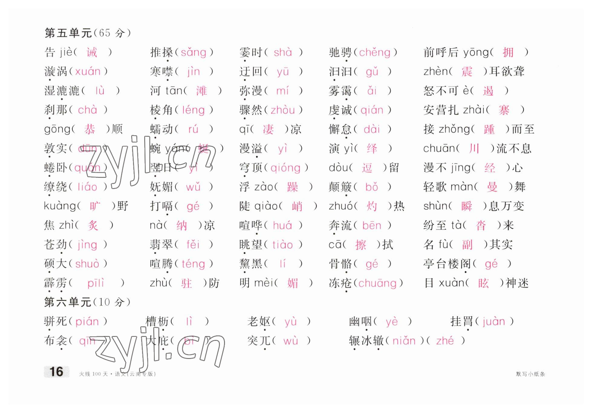 2023年火线100天中考滚动复习法语文云南专版 参考答案第16页