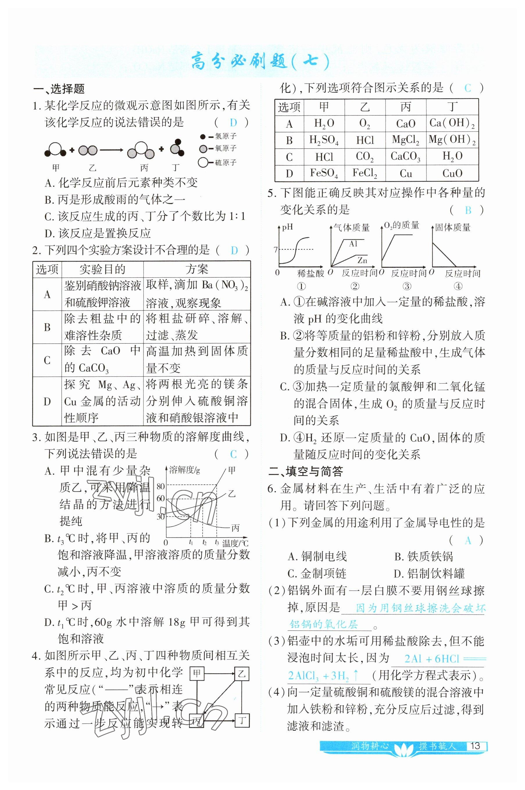 2023年721中考總復習化學 參考答案第13頁