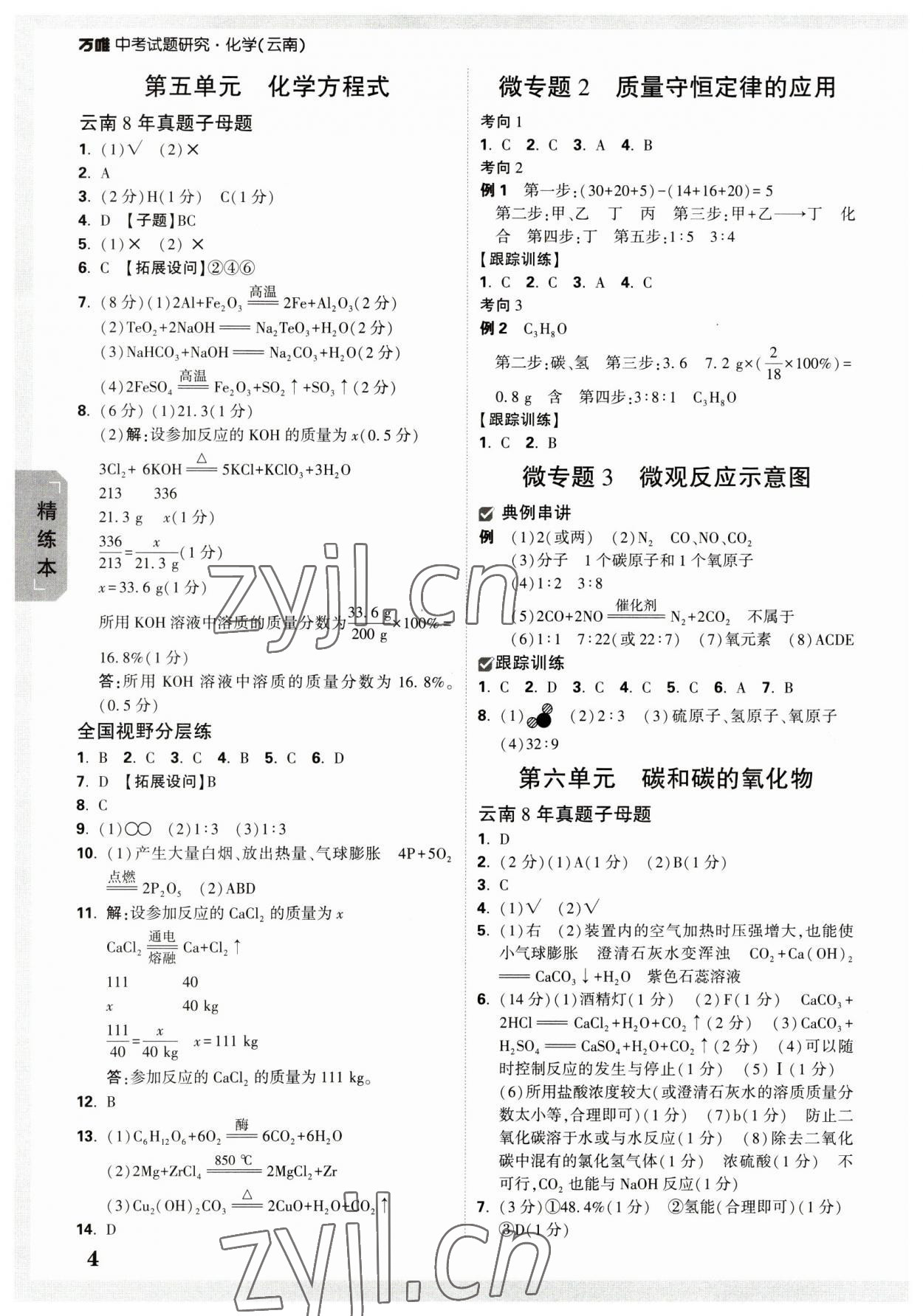 2023年萬(wàn)唯中考試題研究九年級(jí)化學(xué)云南專版 參考答案第4頁(yè)