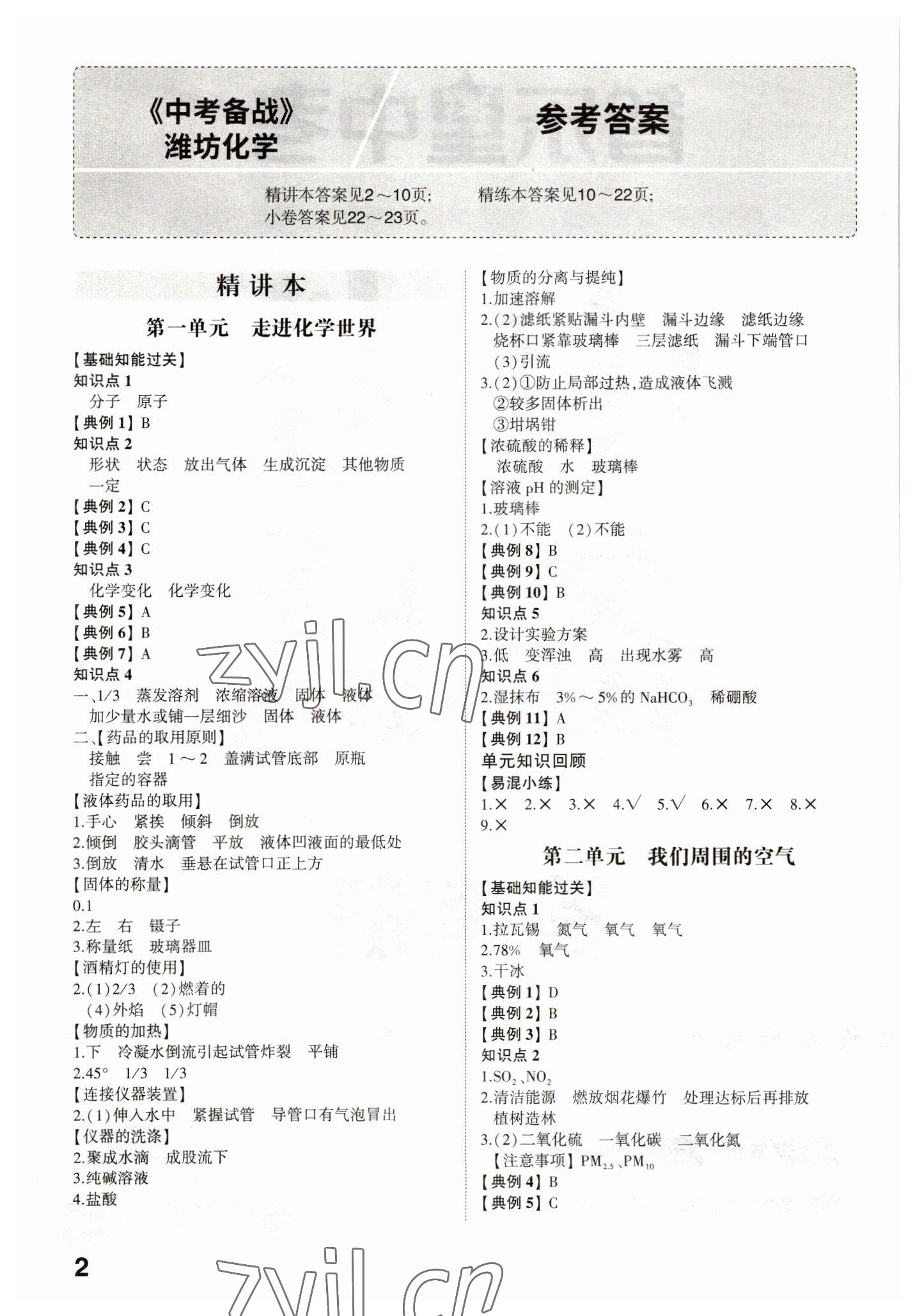 2023年中考备战化学潍坊专版 参考答案第1页