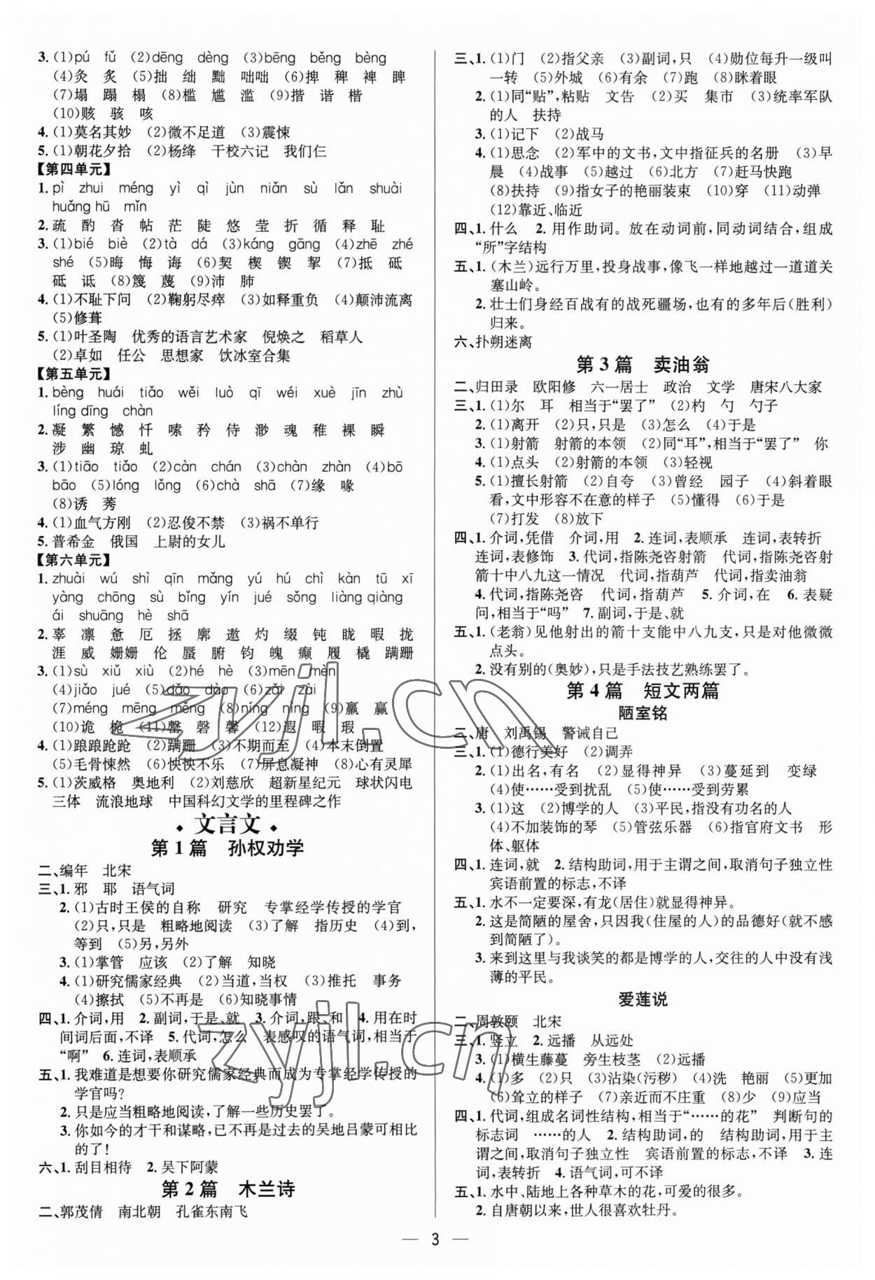2023年中考对策语文潍坊专版&nbsp;参考答案第3页