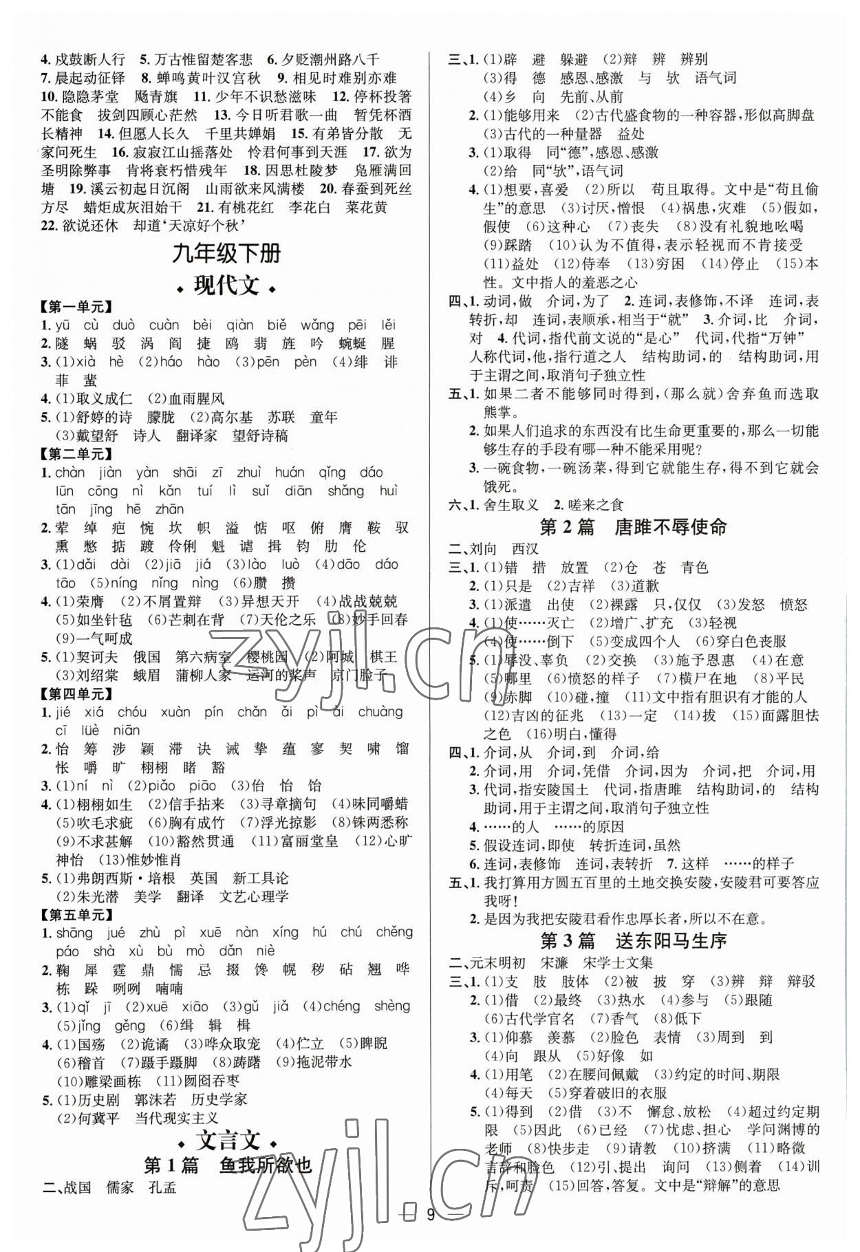 2023年中考对策语文潍坊专版&nbsp;参考答案第9页