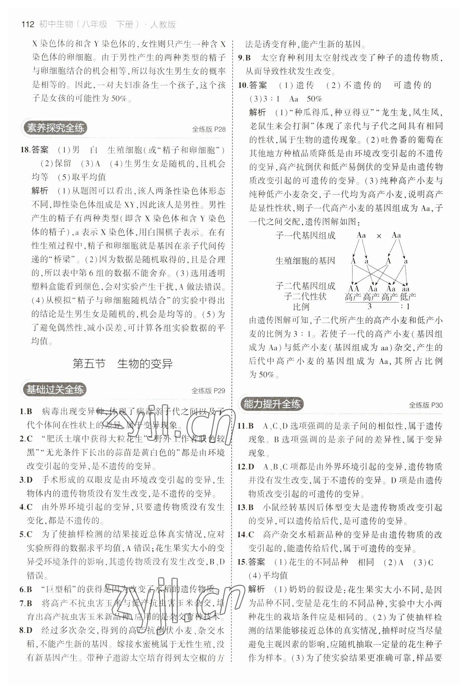 2023年5年中考3年模擬八年級生物下冊人教版 參考答案第10頁