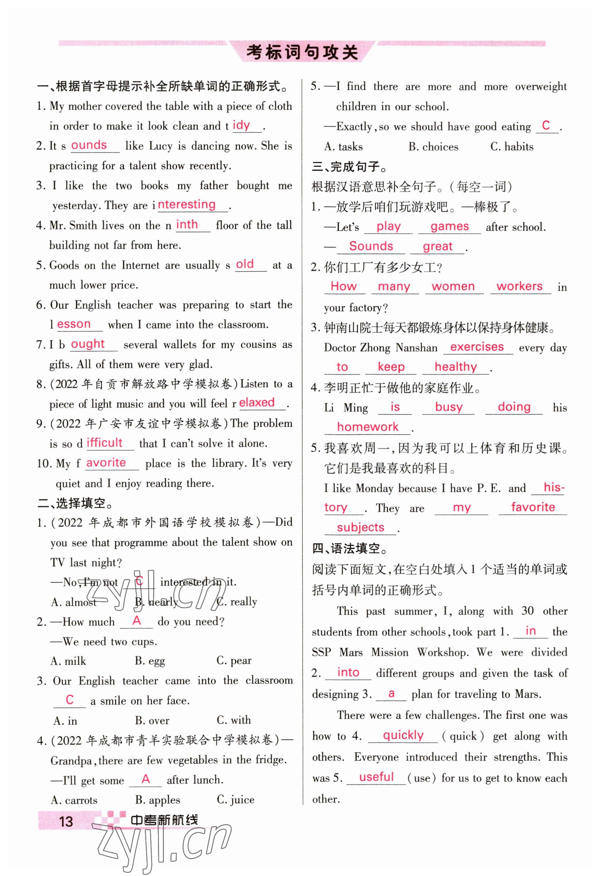 2023年中考新航線英語四川專版 參考答案第13頁