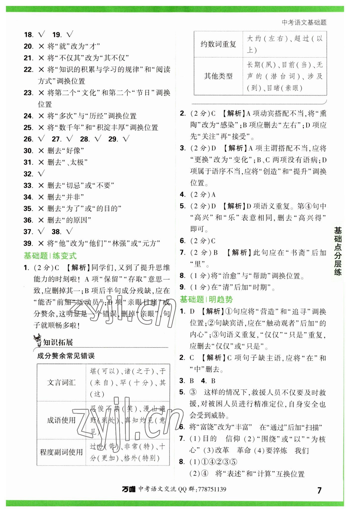 2023年萬唯中考基礎題語文 參考答案第7頁