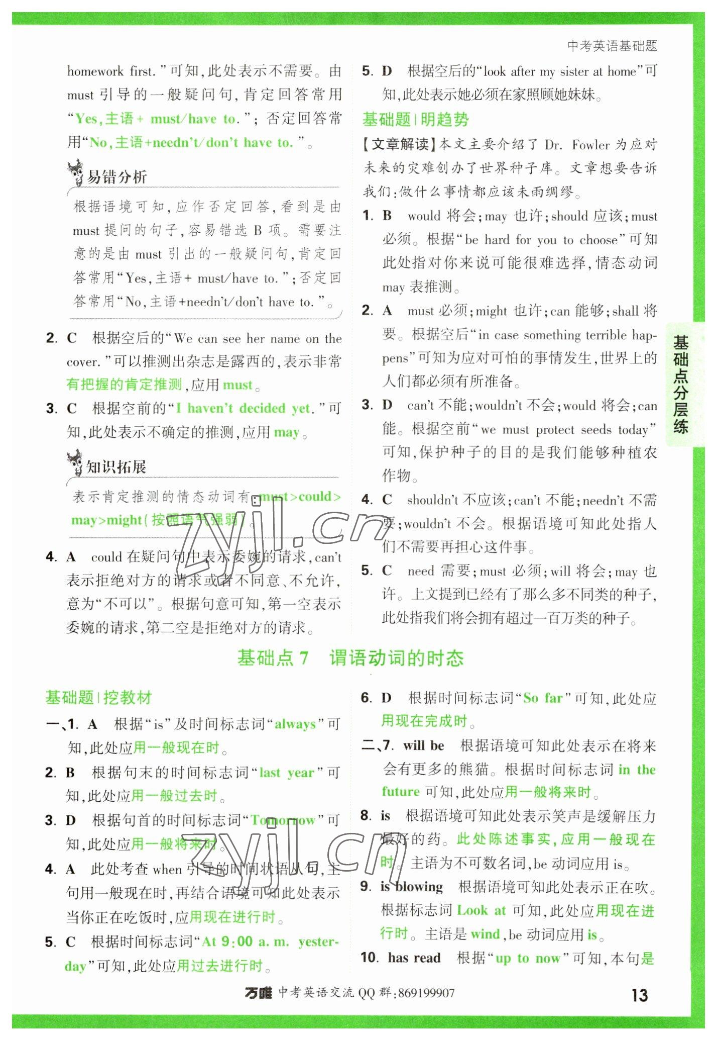 2023年万唯中考英语基础题 参考答案第13页