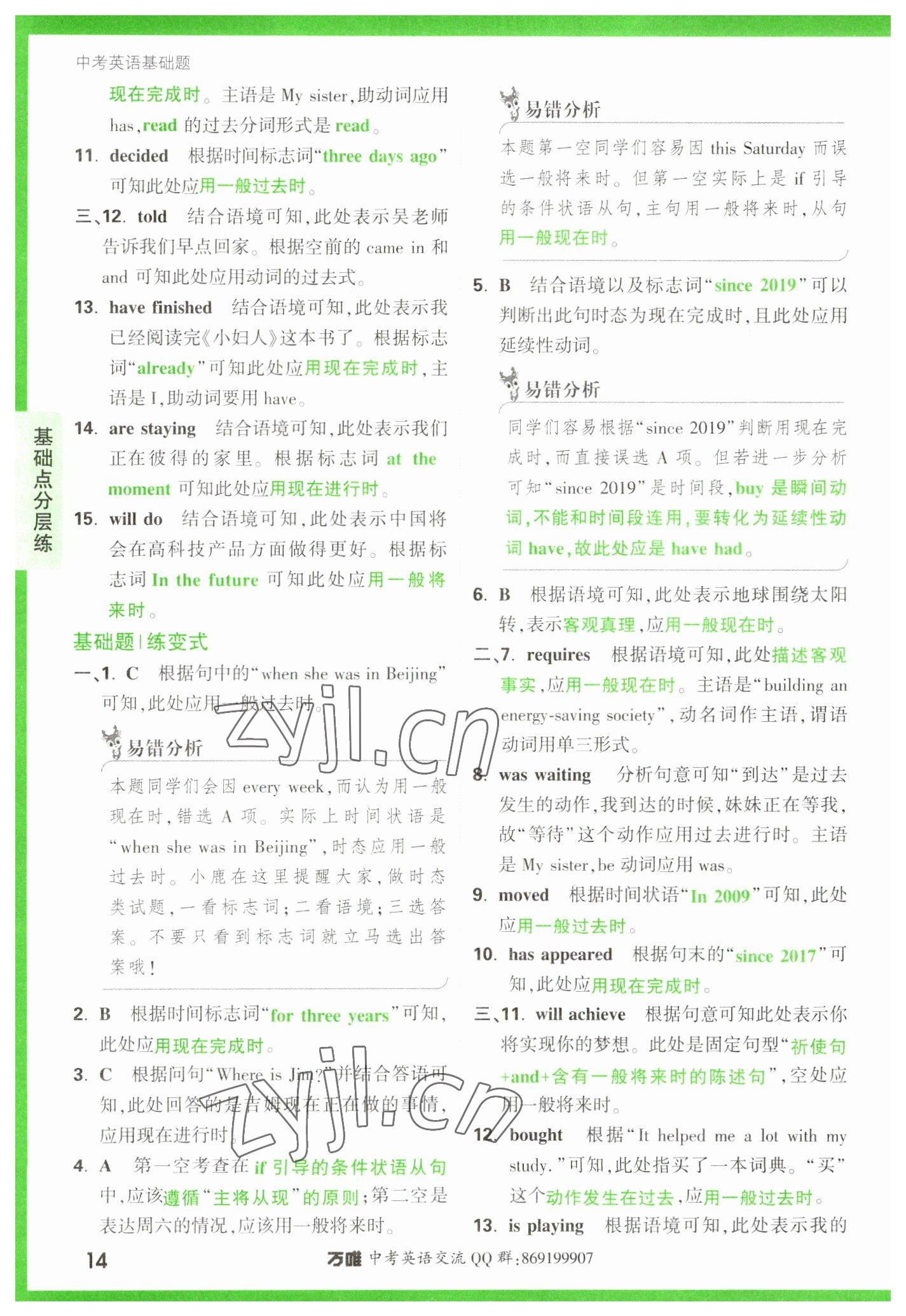 2023年万唯中考英语基础题 参考答案第14页