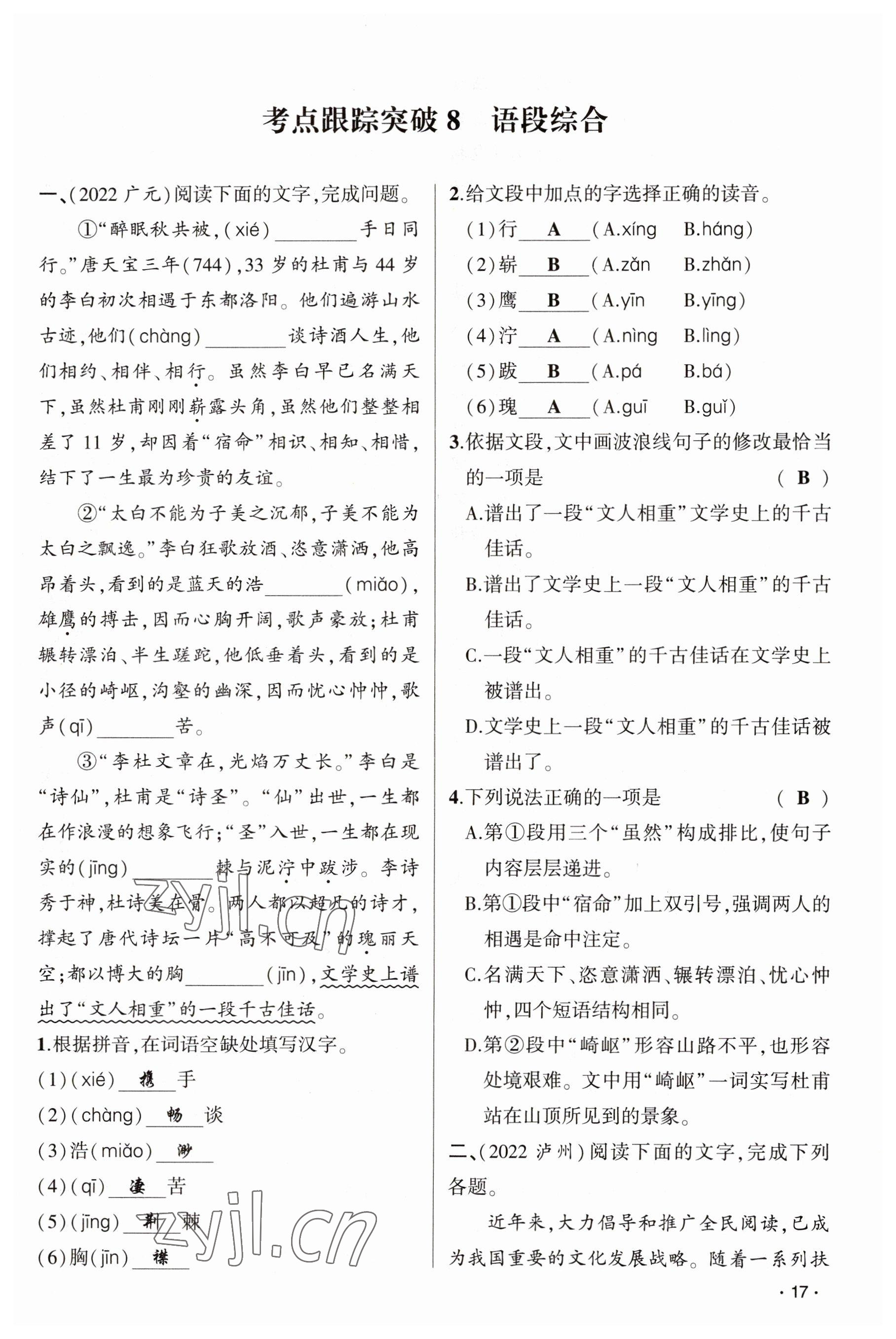 2023年聚焦中考语文四川专版 参考答案第17页