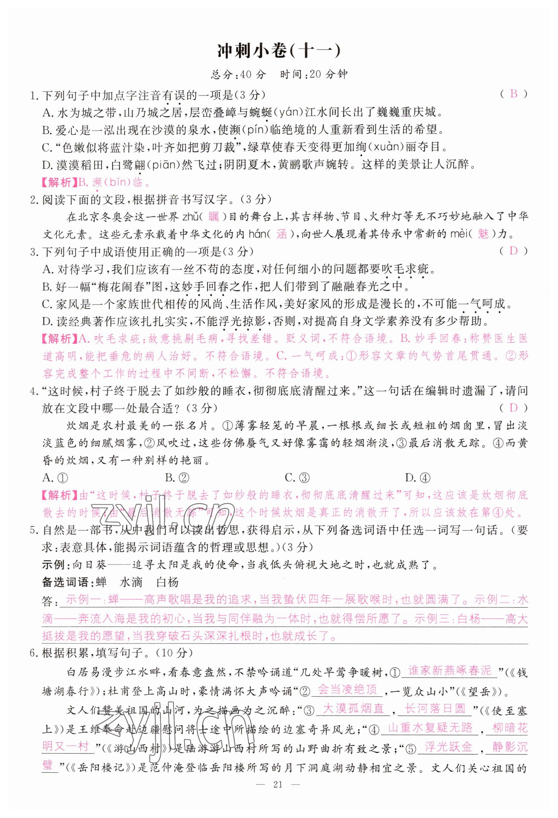 2023年啟航中考風向標語文 參考答案第21頁