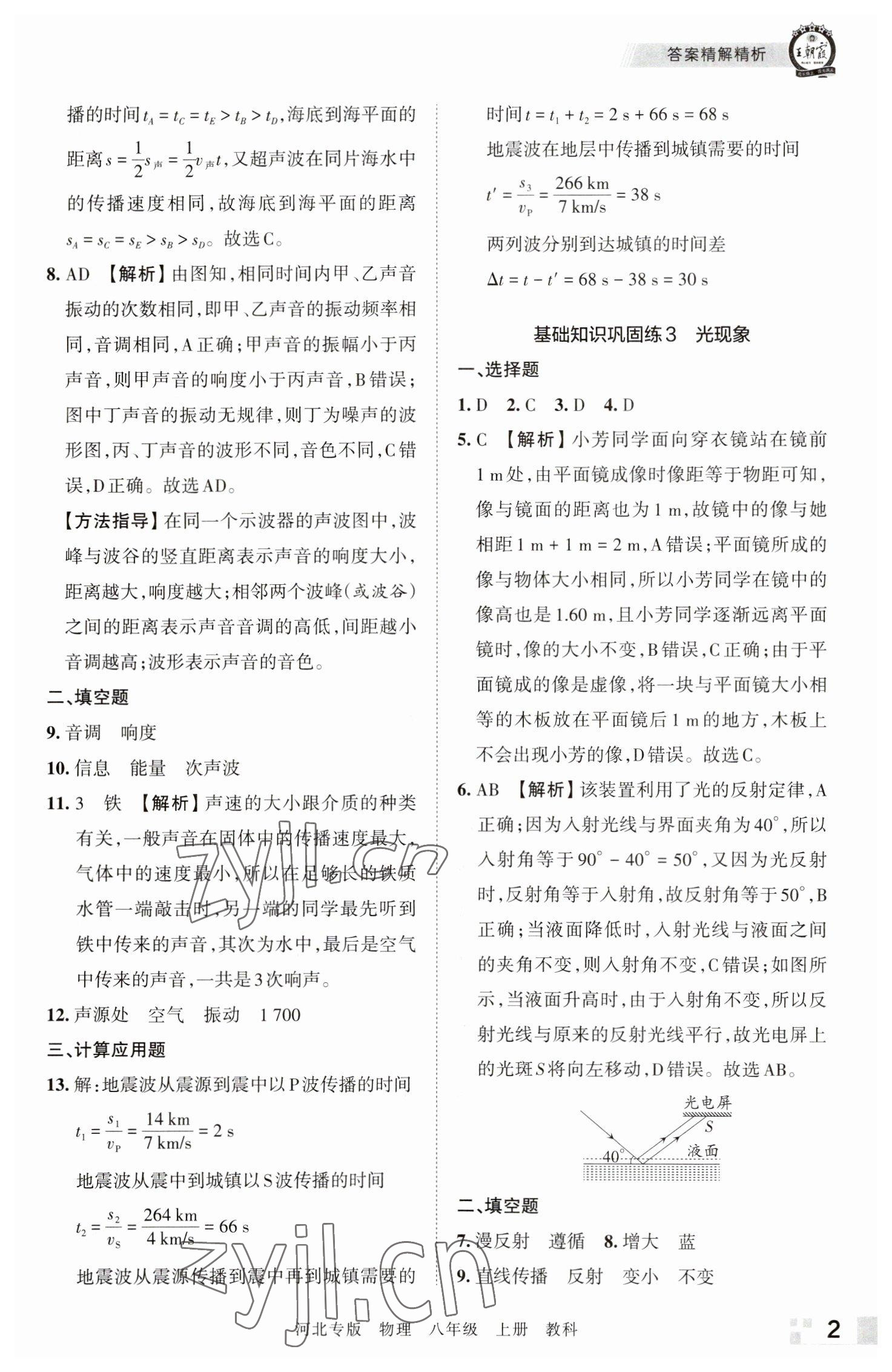 2022年王朝霞各地期末试卷精选八年级物理上册教科版河北专版 参考答案第2页