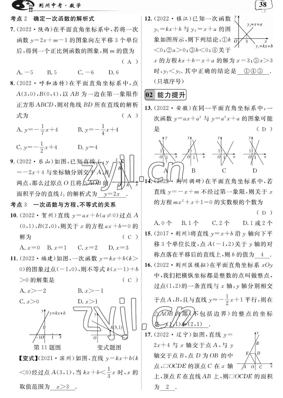 2023年荊州中考復習指南數學荊州專版 參考答案第38頁