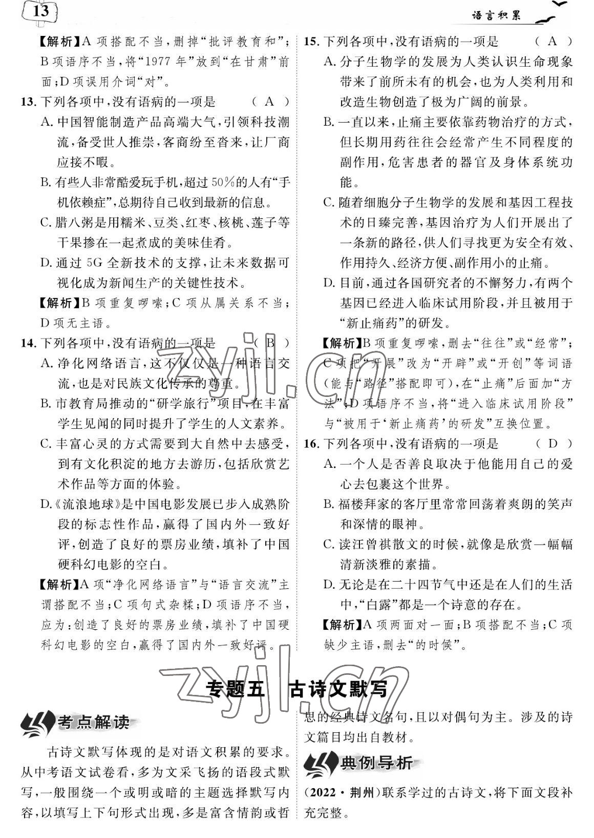 2023年荊州中考中考復習指南語文中考荊州專版 參考答案第13頁