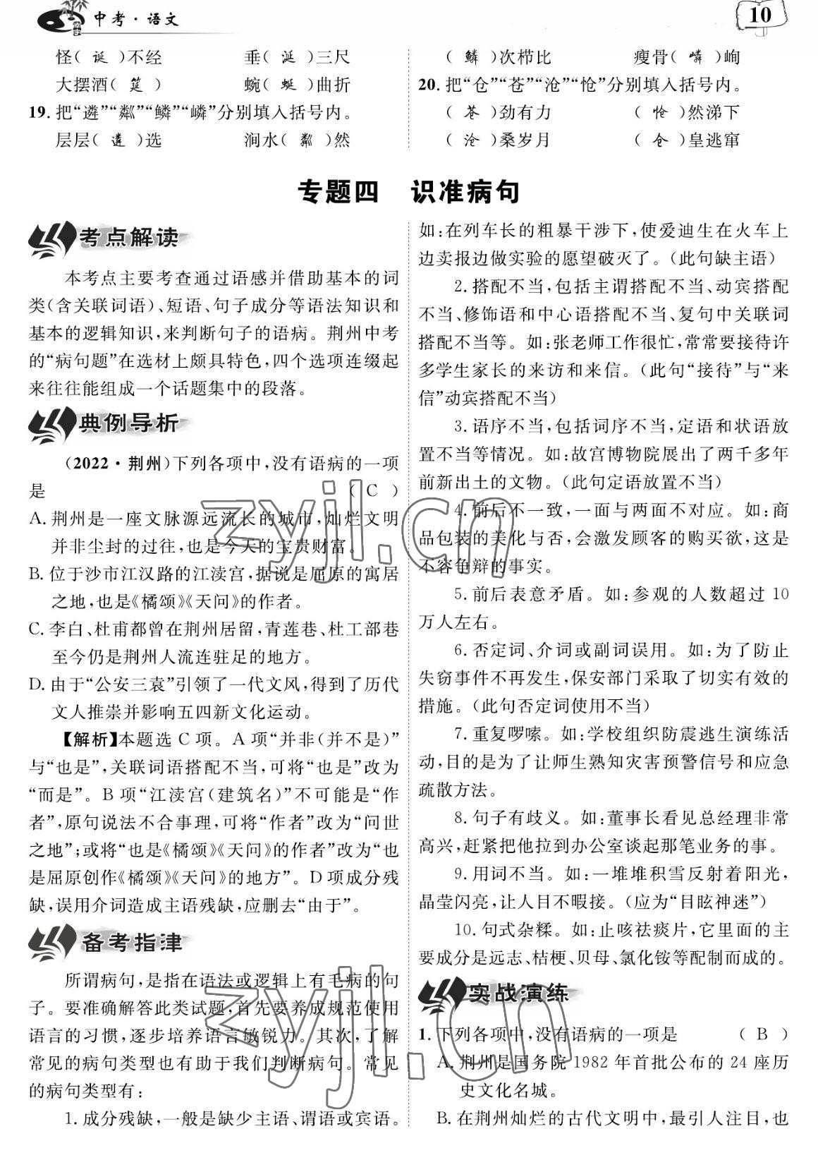 2023年荊州中考中考復習指南語文中考荊州專版 參考答案第10頁