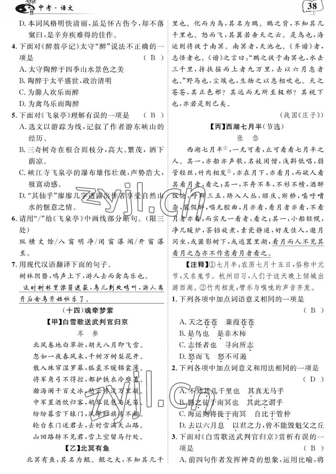 2023年荊州中考中考復習指南語文中考荊州專版 參考答案第38頁