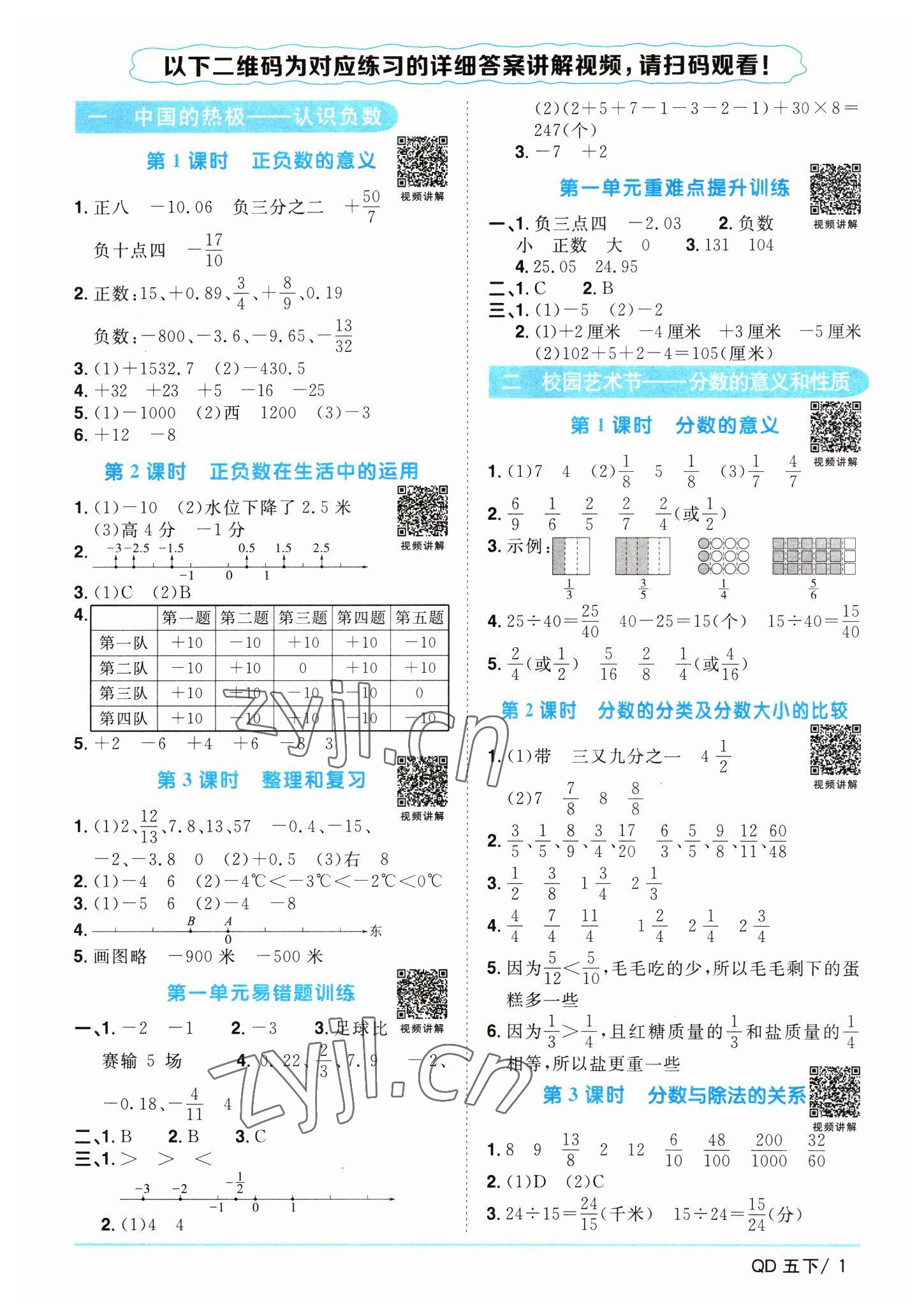 2023年陽光同學課時優(yōu)化作業(yè)五年級數(shù)學下冊青島版 參考答案第1頁