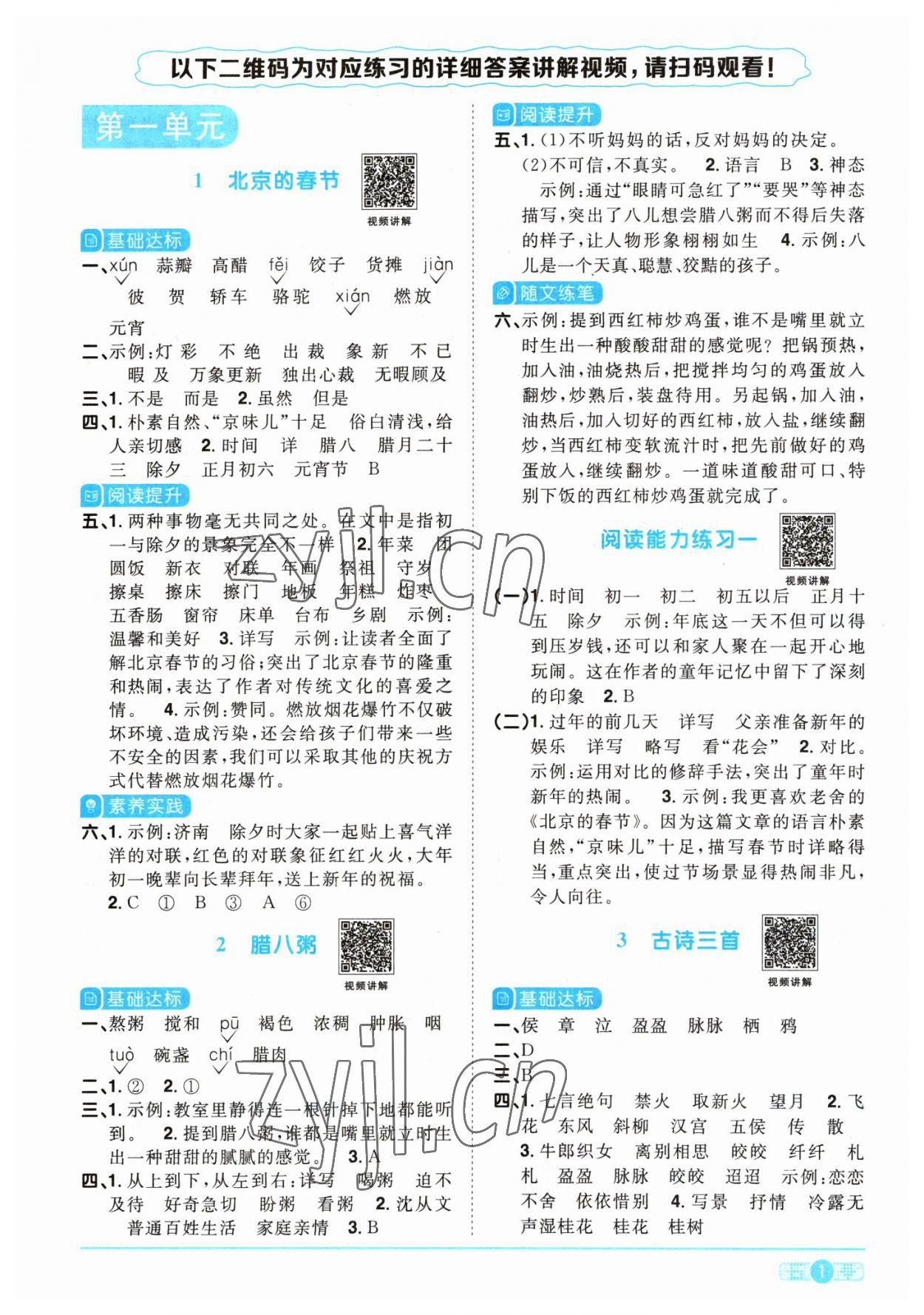 2023年阳光同学课时优化作业六年级语文下册人教版 参考答案第1页