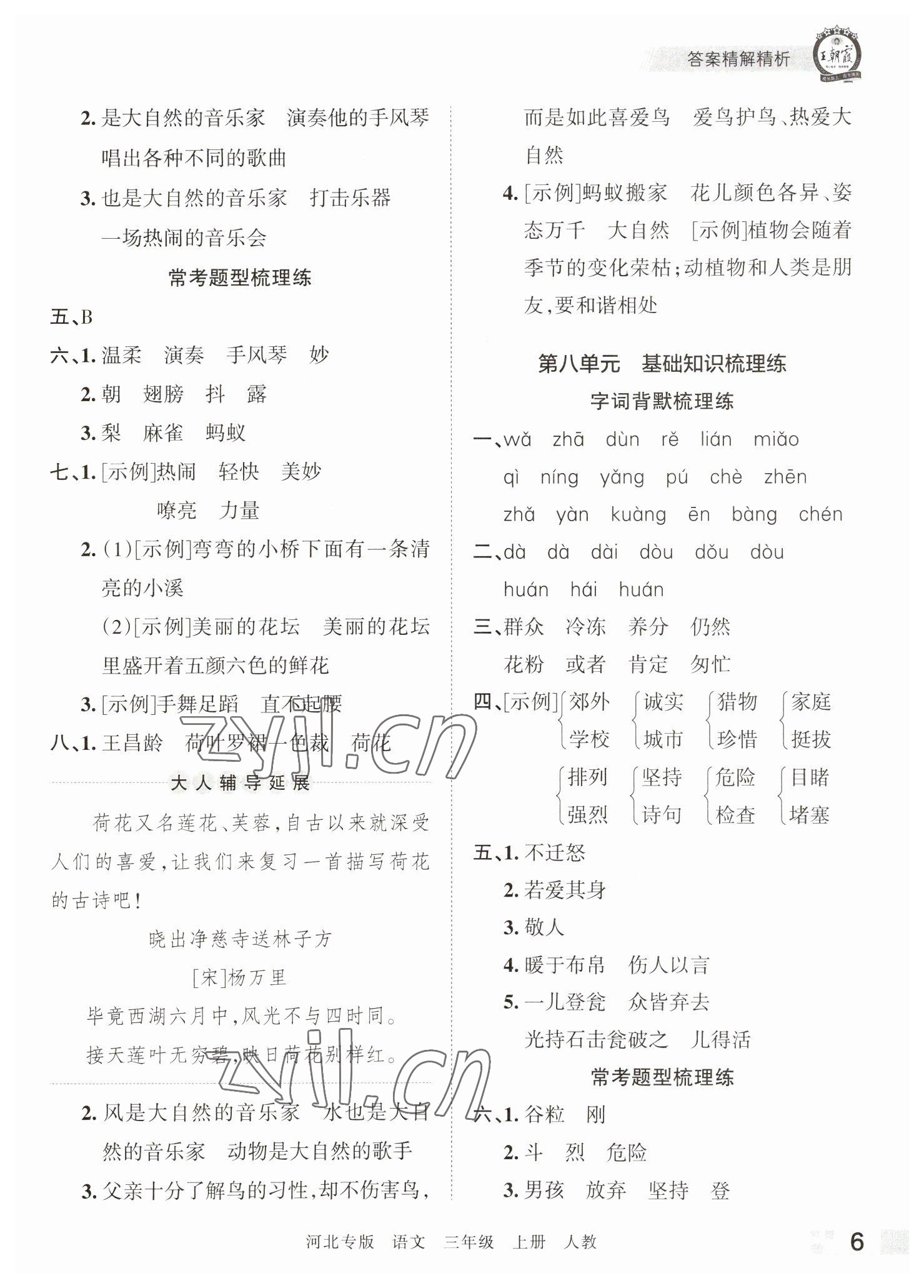 2022年王朝霞各地期末试卷精选三年级语文上册人教版河北专版 参考答案第6页