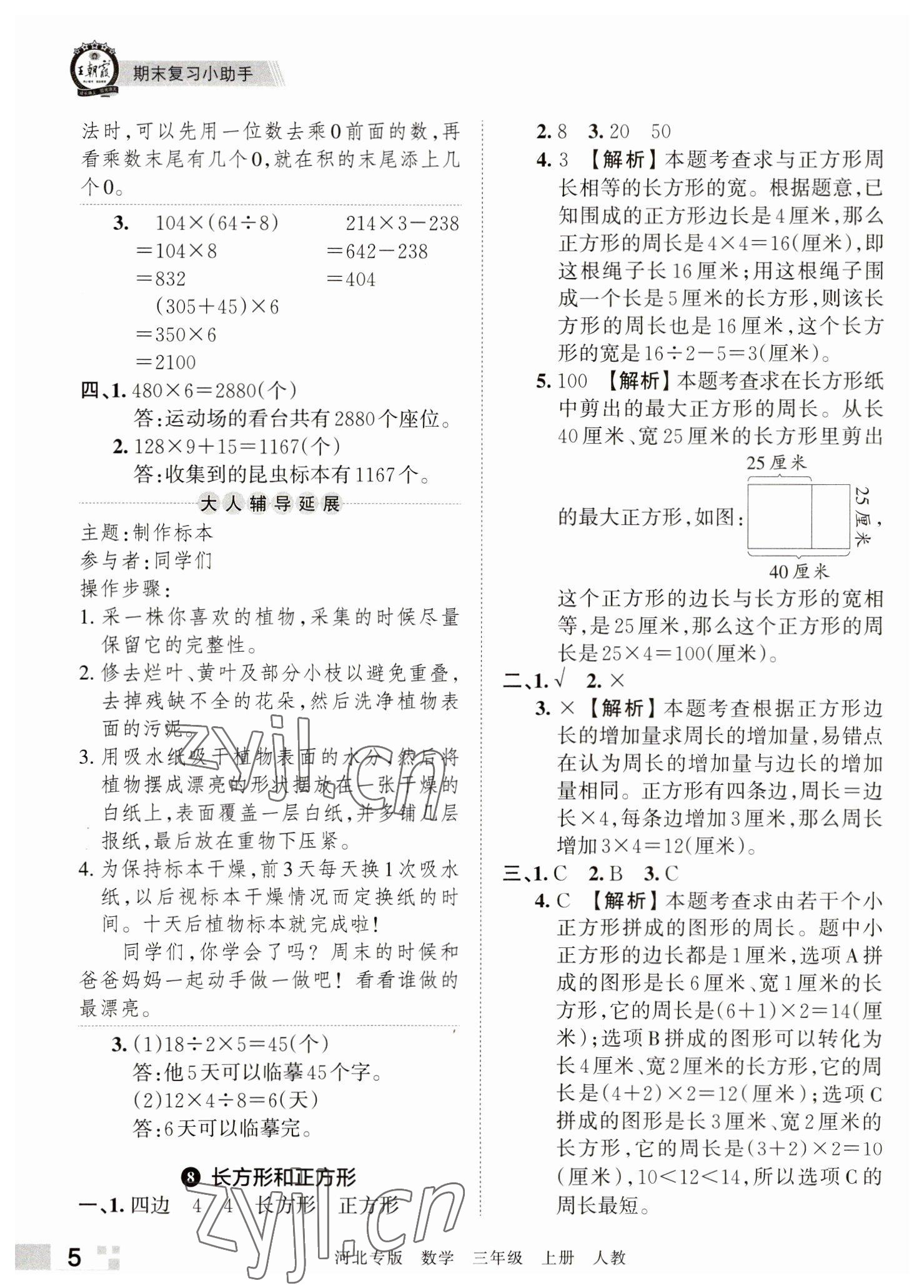 2022年王朝霞各地期末试卷精选三年级数学上册人教版河北专版 参考答案第5页