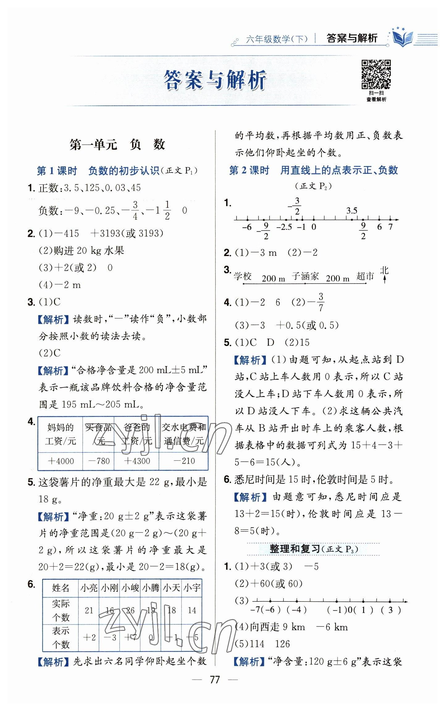 2023年教材全練六年級(jí)數(shù)學(xué)下冊(cè)人教版 參考答案第1頁