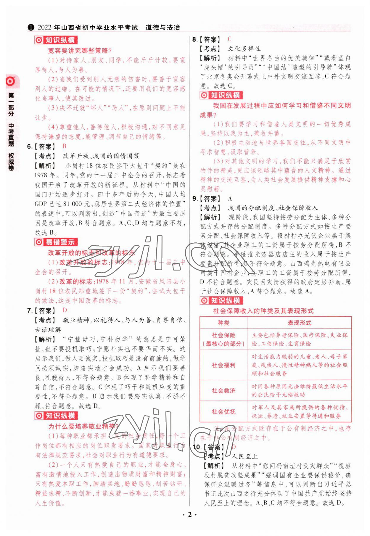 2023年晋一中考山西真题道德与法治 参考答案第2页
