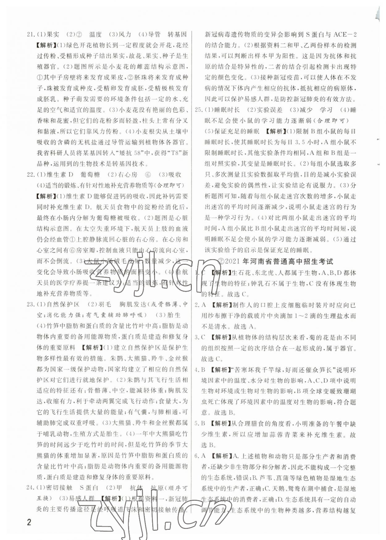 2023年新一线必刷卷生物河南专版 参考答案第2页