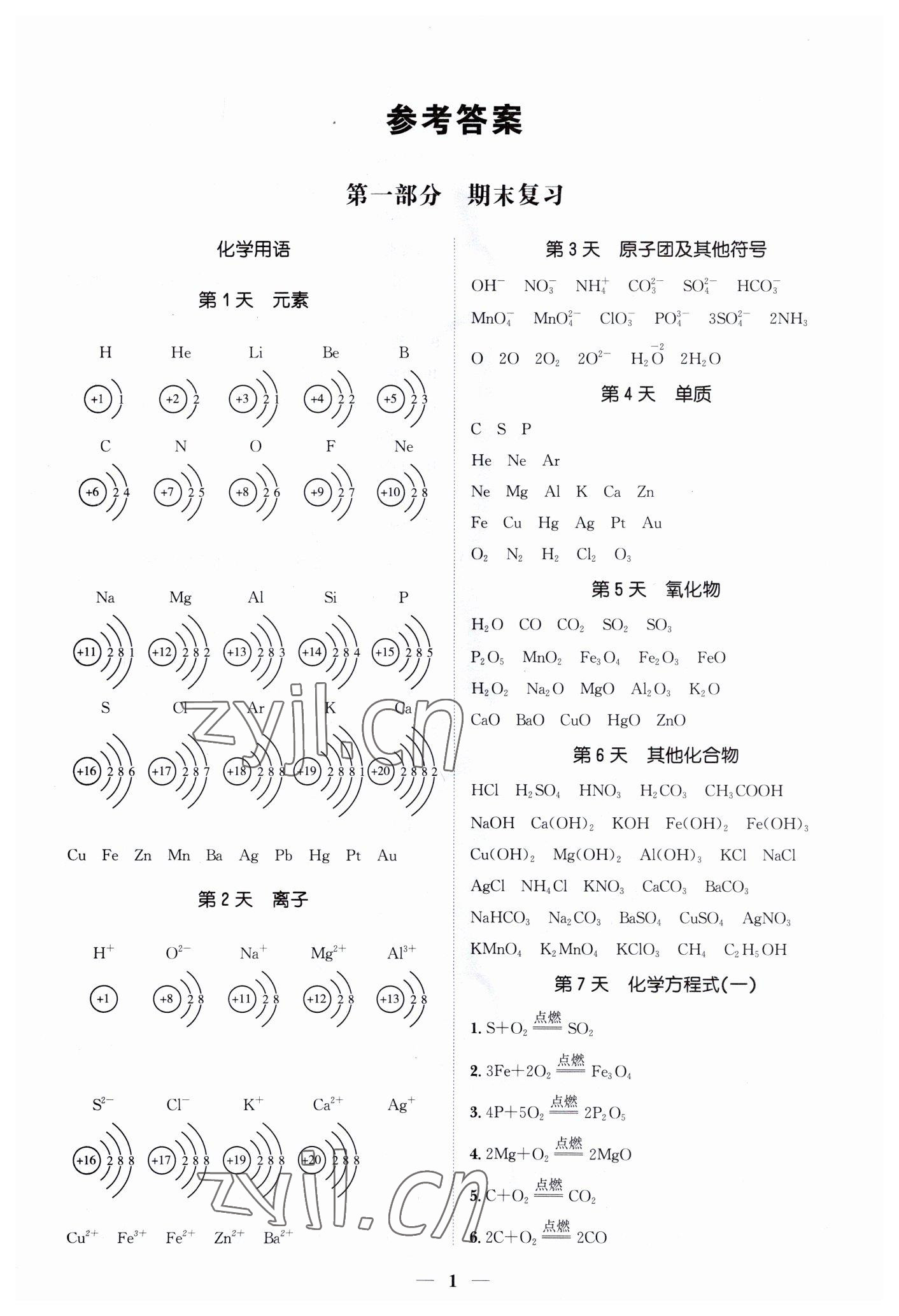 2023年假期作业+期末复习九年级化学深圳专版 第1页