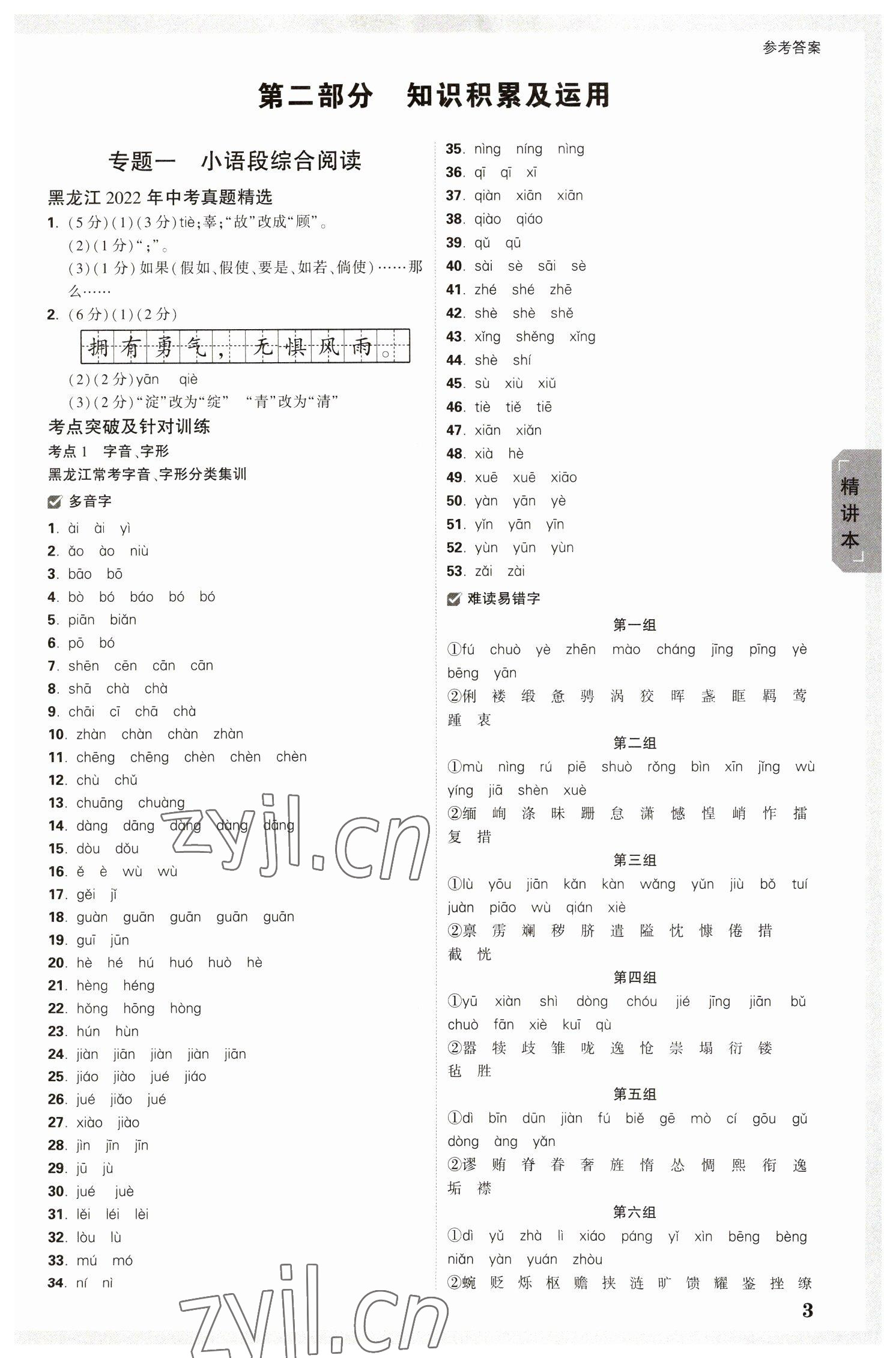 2023年万唯中考试题研究语文人教版黑龙江专版 参考答案第3页