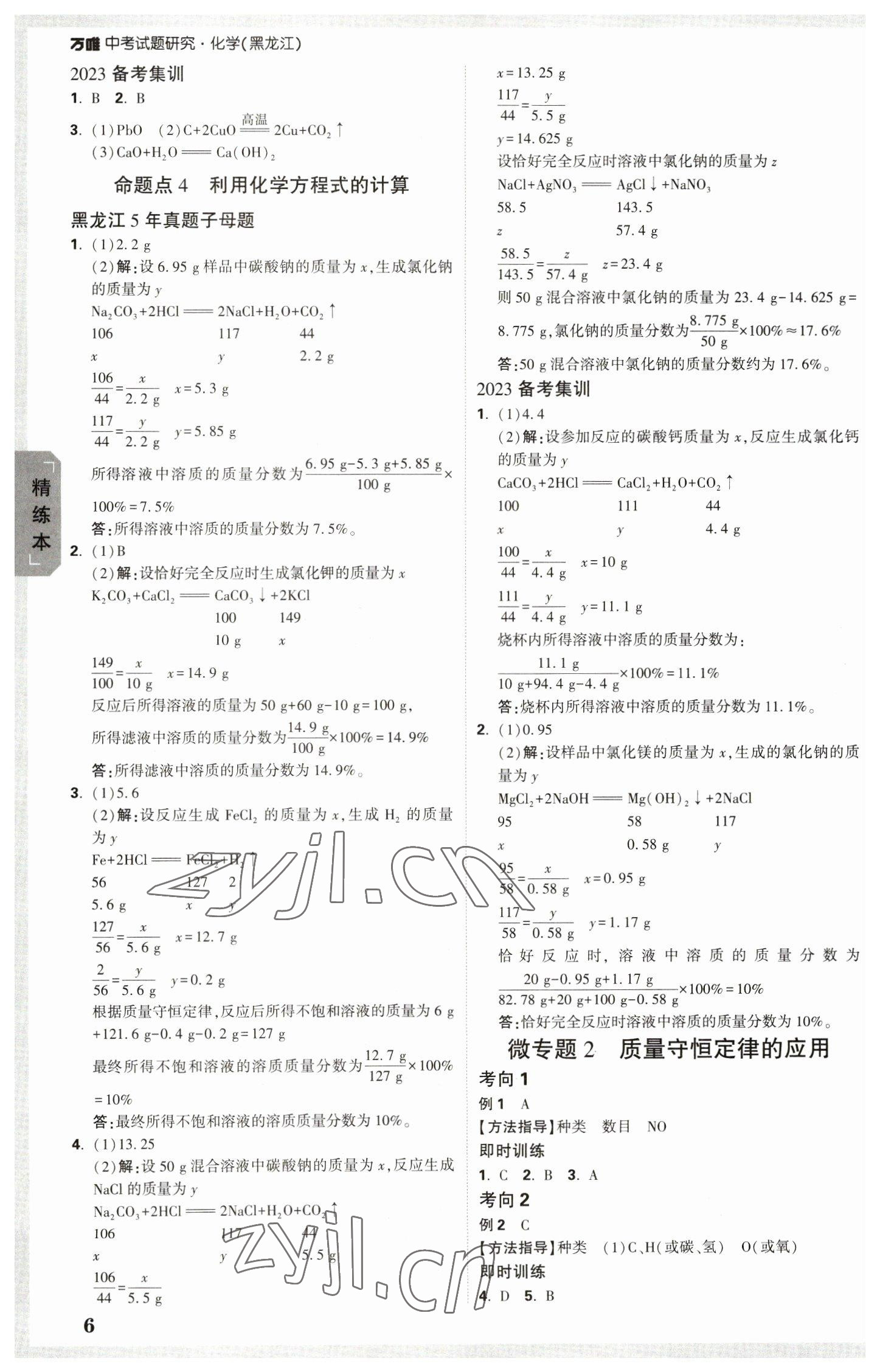 2023年万唯中考试题研究化学黑龙江专版 参考答案第5页