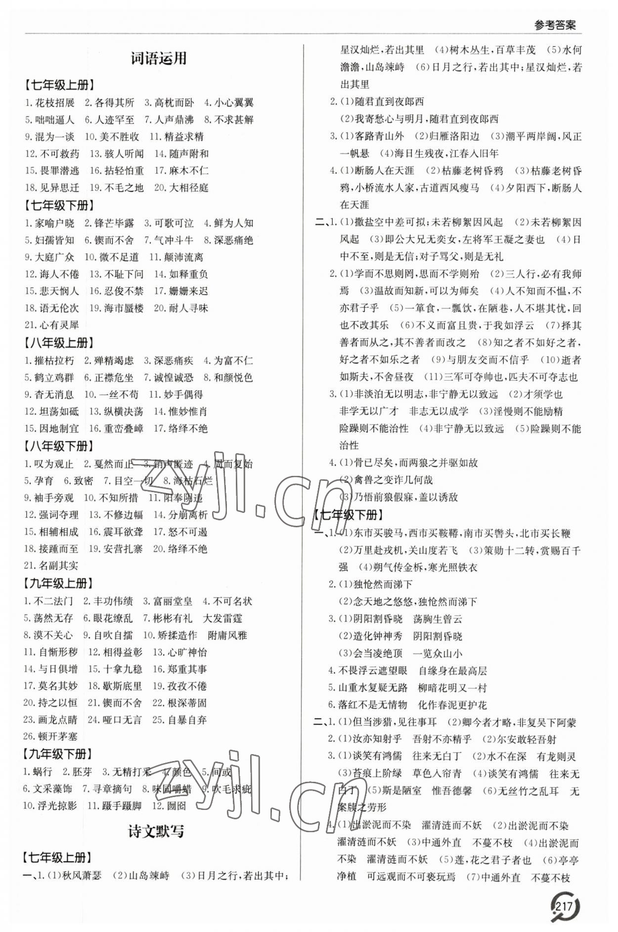 2023年初中總復(fù)習(xí)手冊青島出版社語文 參考答案第2頁