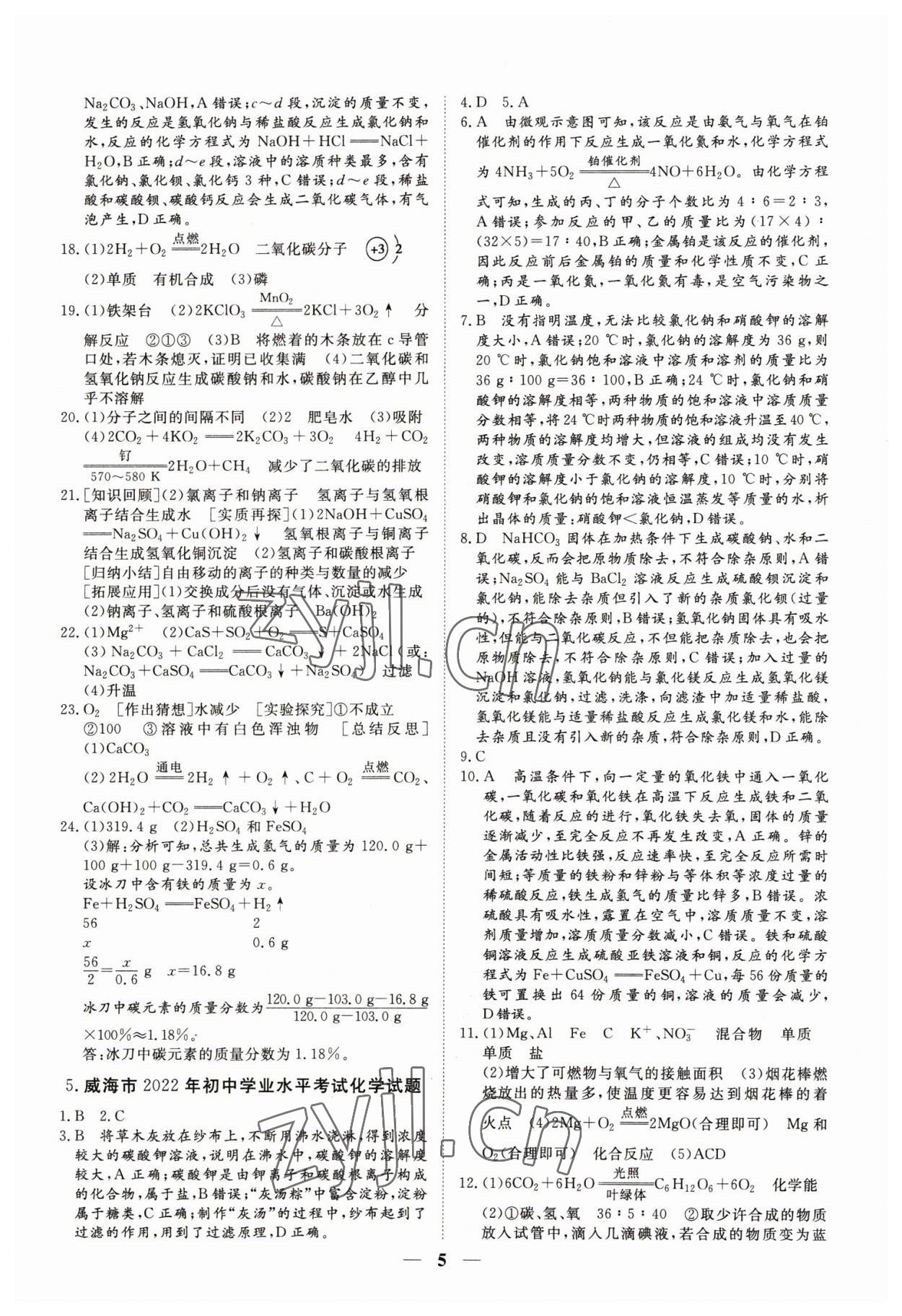 2023年風向標初中學業水平測試化學 參考答案第5頁