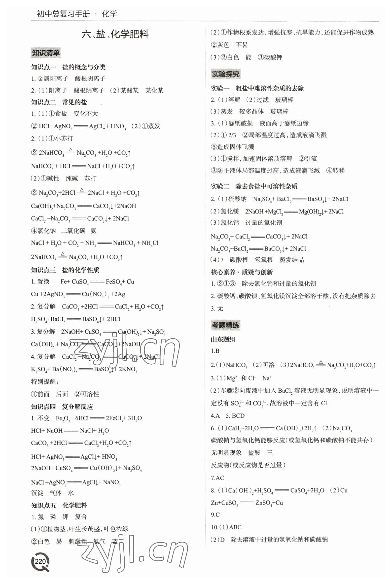 2023年初中總復習手冊青島出版社化學 參考答案第6頁