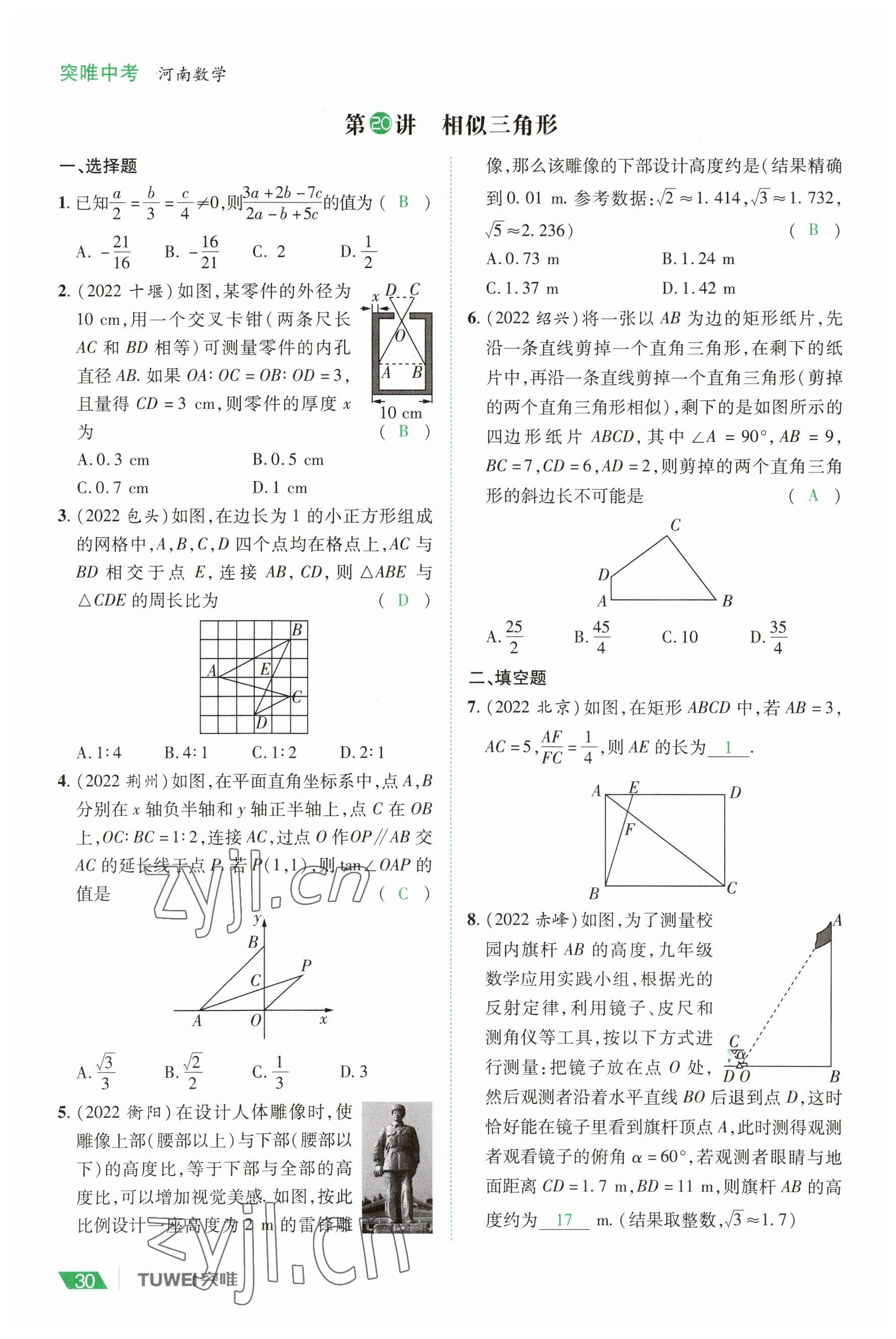 2023年一戰(zhàn)通關(guān)中考總復(fù)習(xí)數(shù)學(xué)河南專版 參考答案第30頁