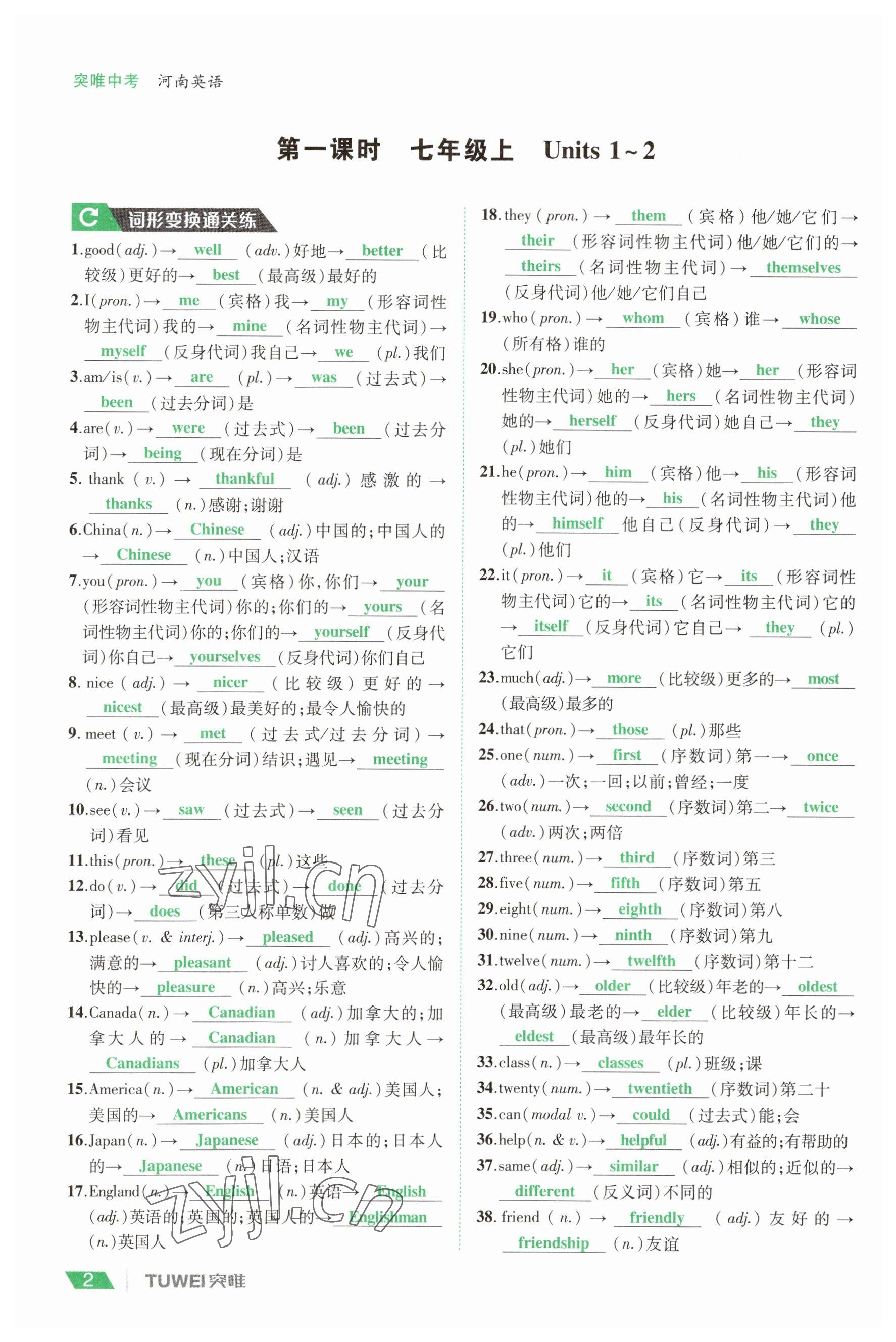 2023年一戰(zhàn)通關(guān)中考總復(fù)習(xí)英語課標版河南專版 參考答案第1頁